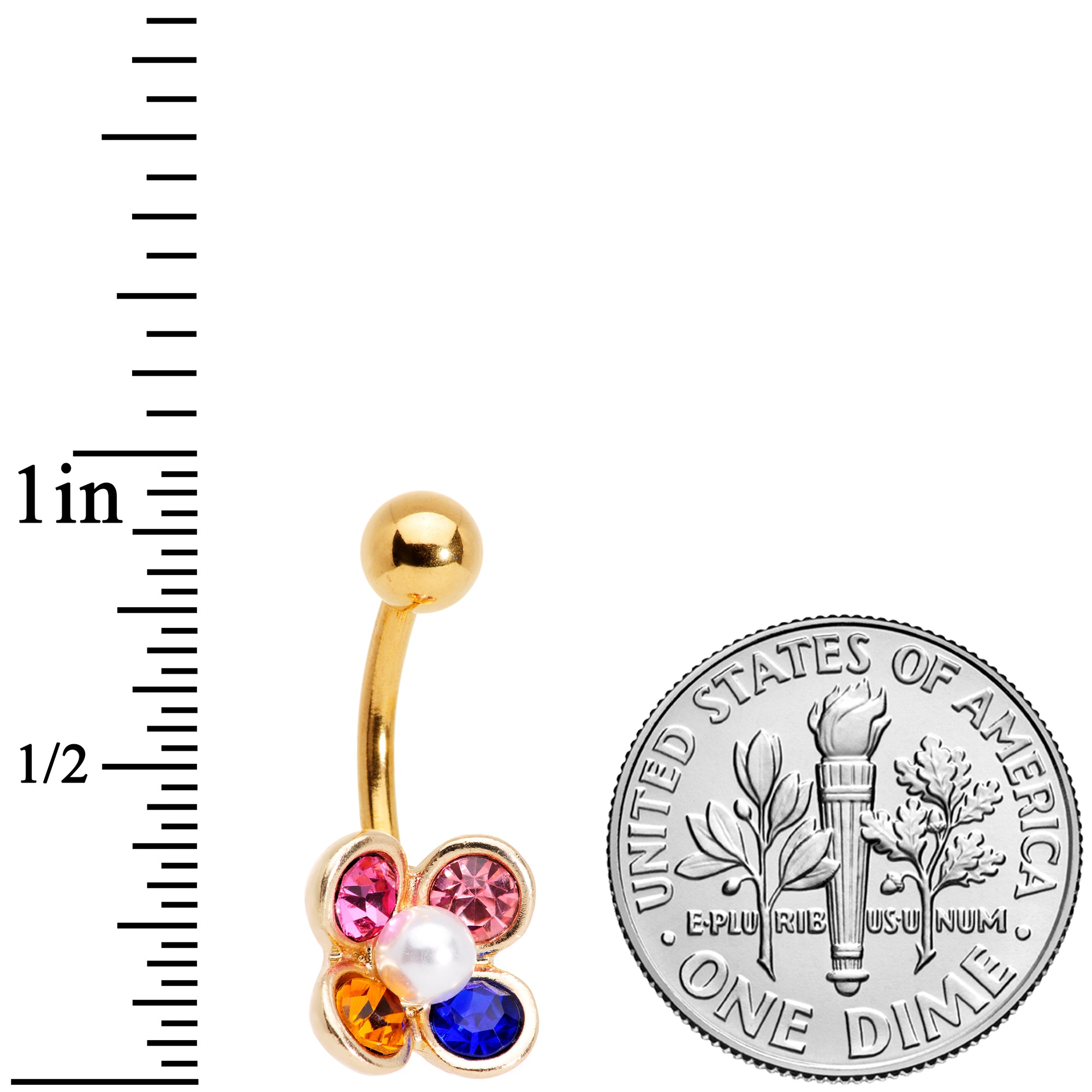 Pink Blue Yellow Gem Gold Tone Flower Belly Ring