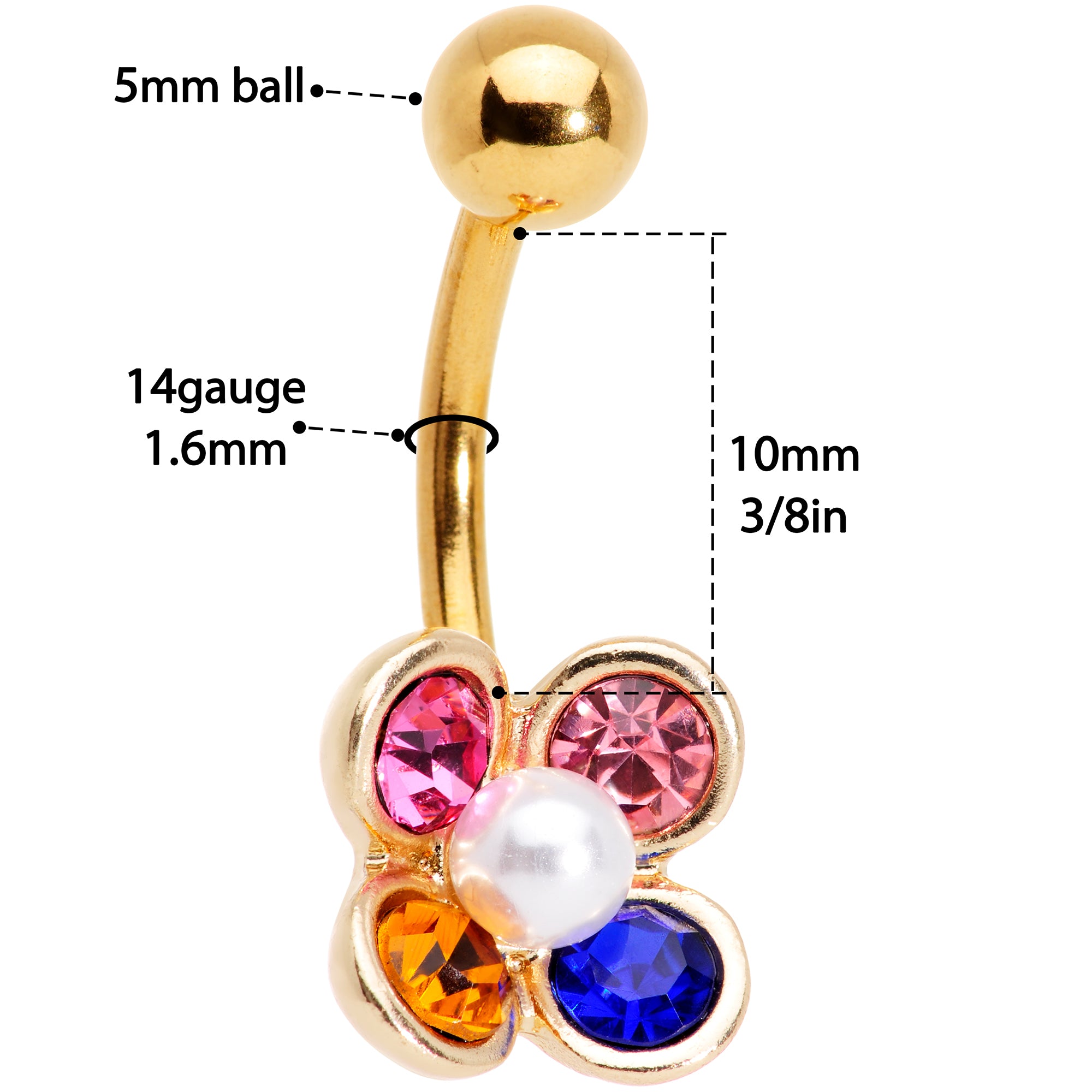 Pink Blue Yellow Gem Gold Tone Flower Belly Ring