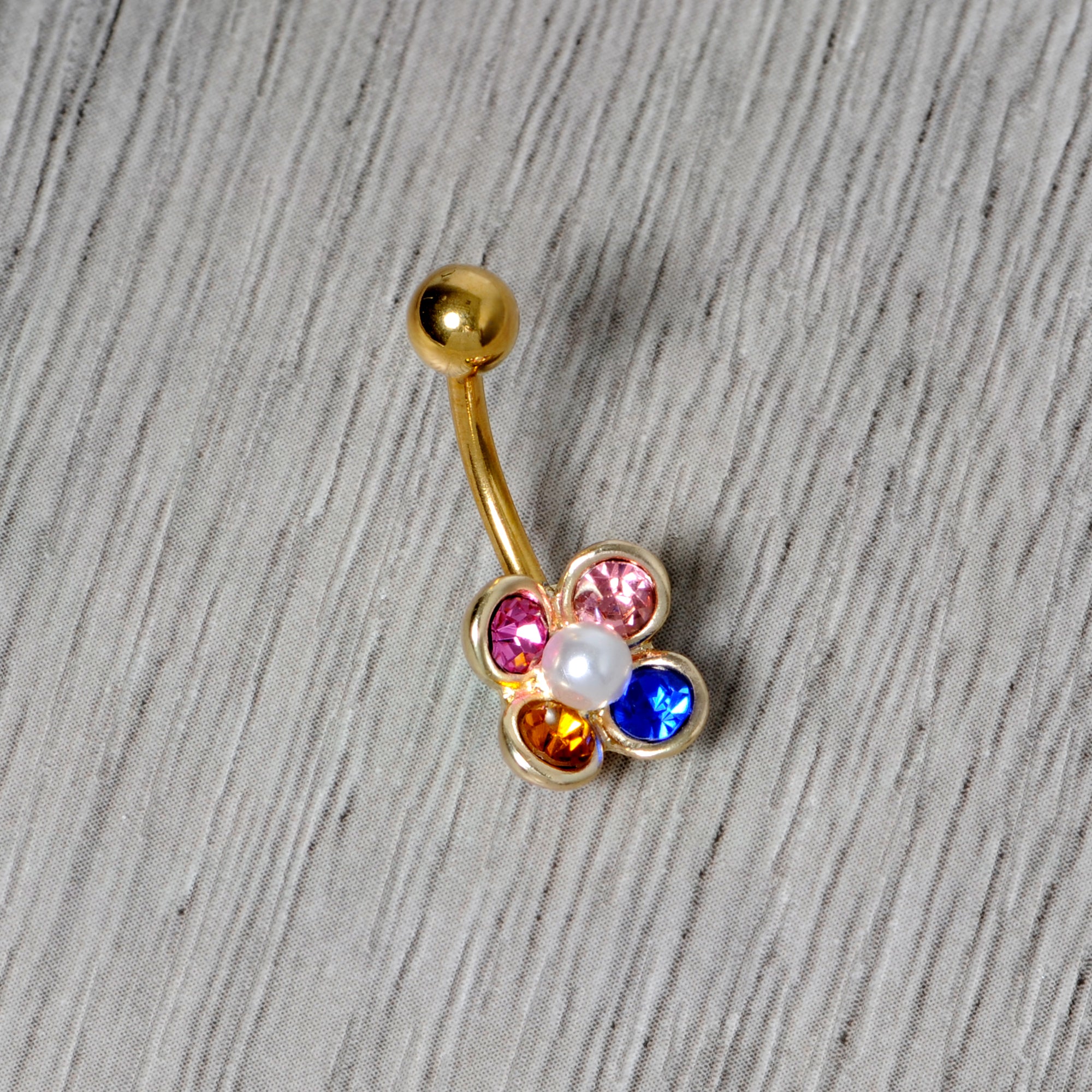 Pink Blue Yellow Gem Gold Tone Flower Belly Ring