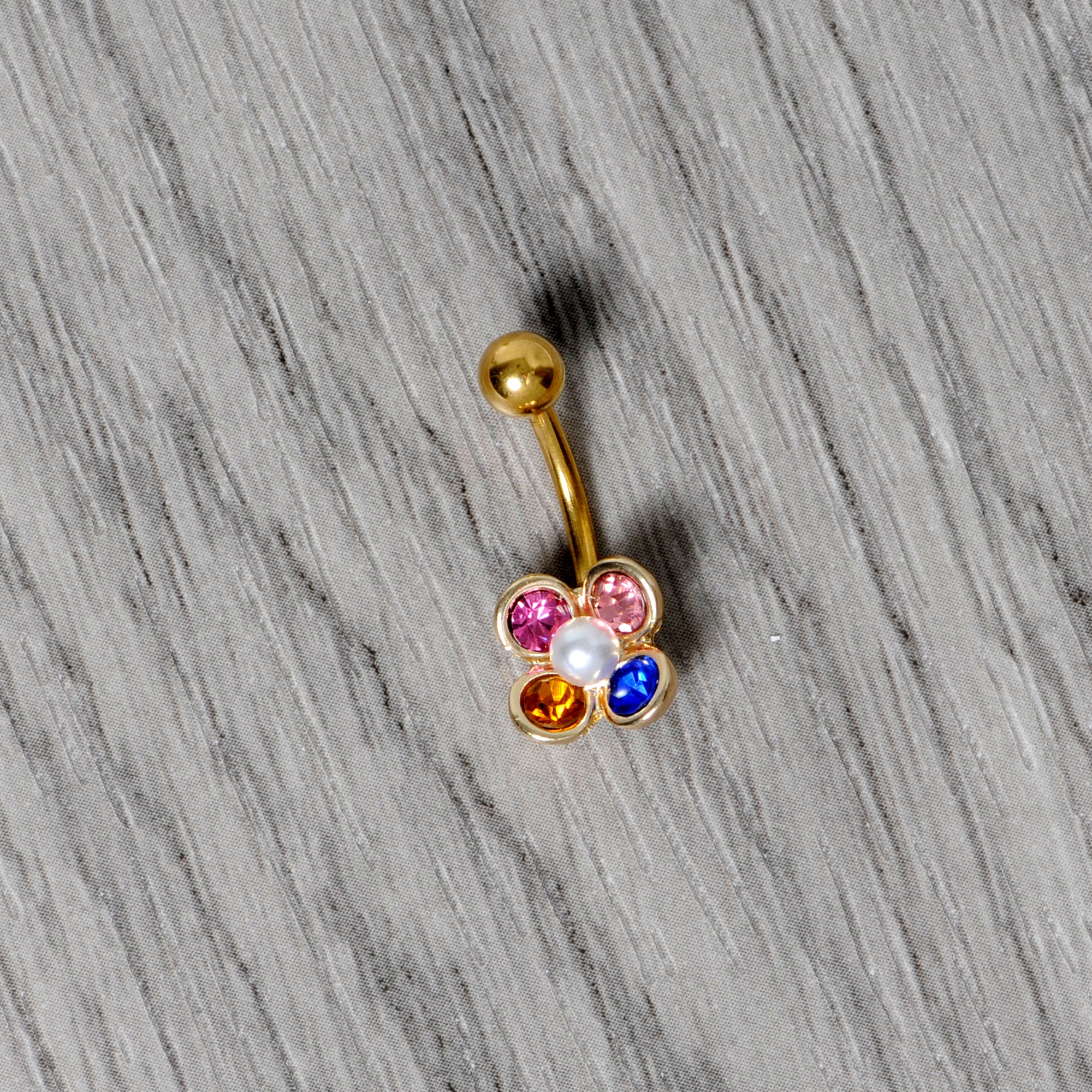 Pink Blue Yellow Gem Gold Tone Flower Belly Ring