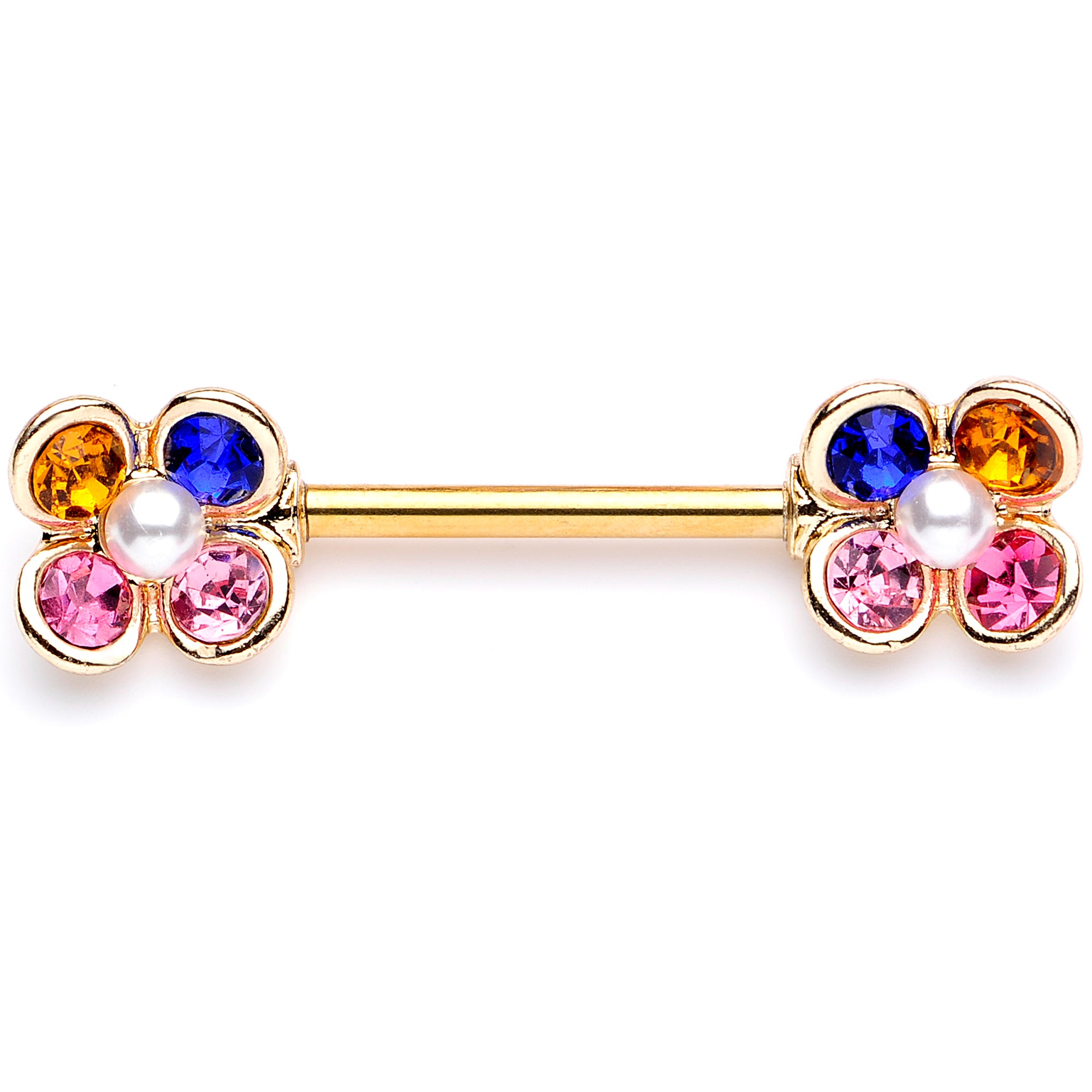 14 Gauge 9/16 Pink Blue Gem Gold Tone Flower Barbell Nipple Ring Set