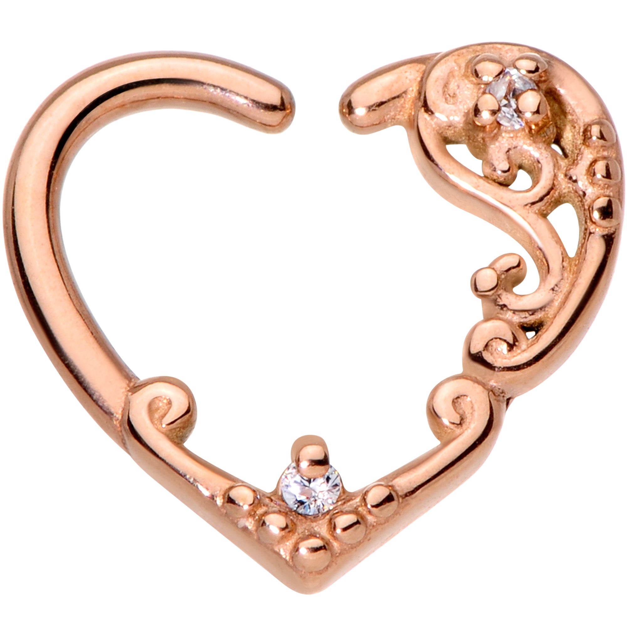 16 Gauge 3/8 Clear CZ Gem Rose Gold Tone Heart Left Ear Closure Ring