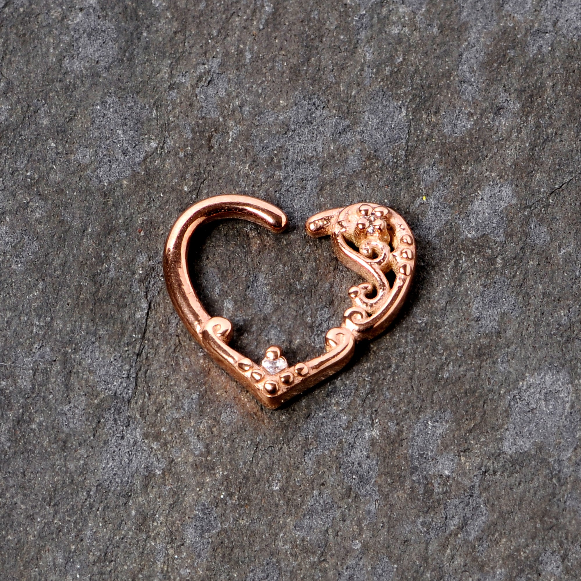 16 Gauge 3/8 Clear CZ Gem Rose Gold Tone Heart Left Ear Closure Ring