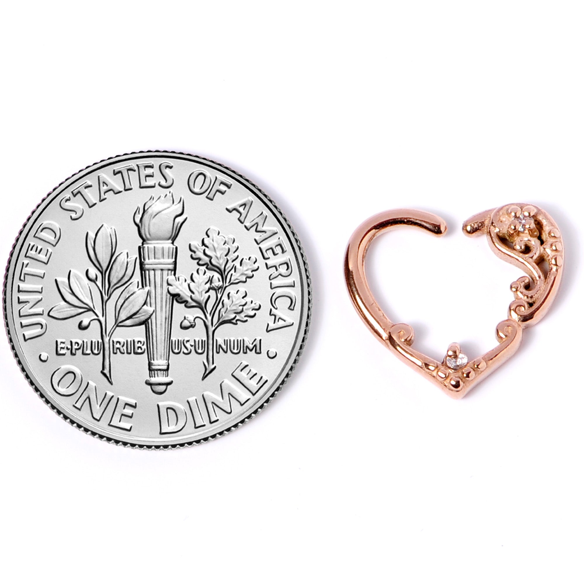 16 Gauge 3/8 Clear CZ Gem Rose Gold Tone Heart Left Ear Closure Ring