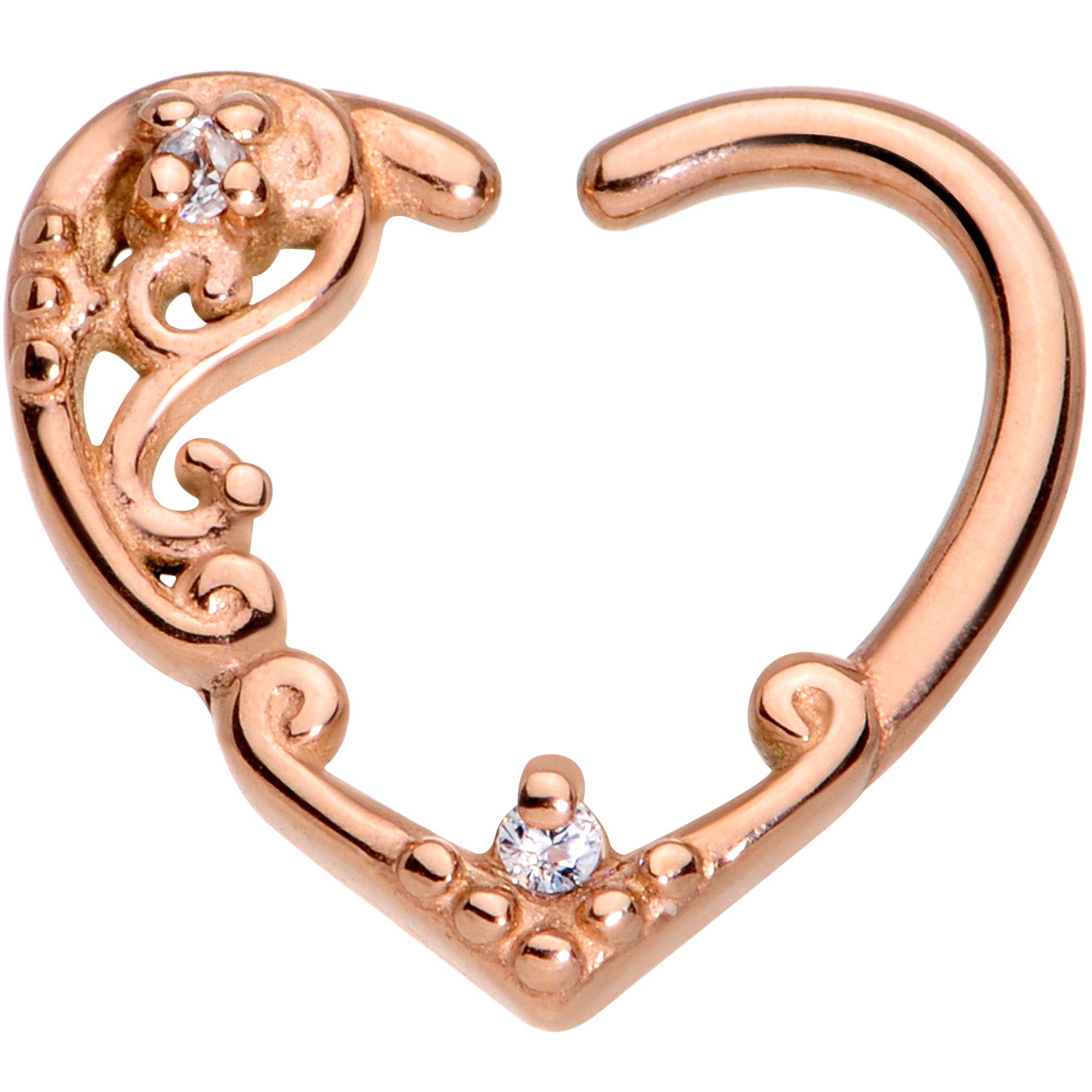 16 Gauge 3/8 Clear CZ Gem Rose Gold Tone Heart Right Ear Closure Ring