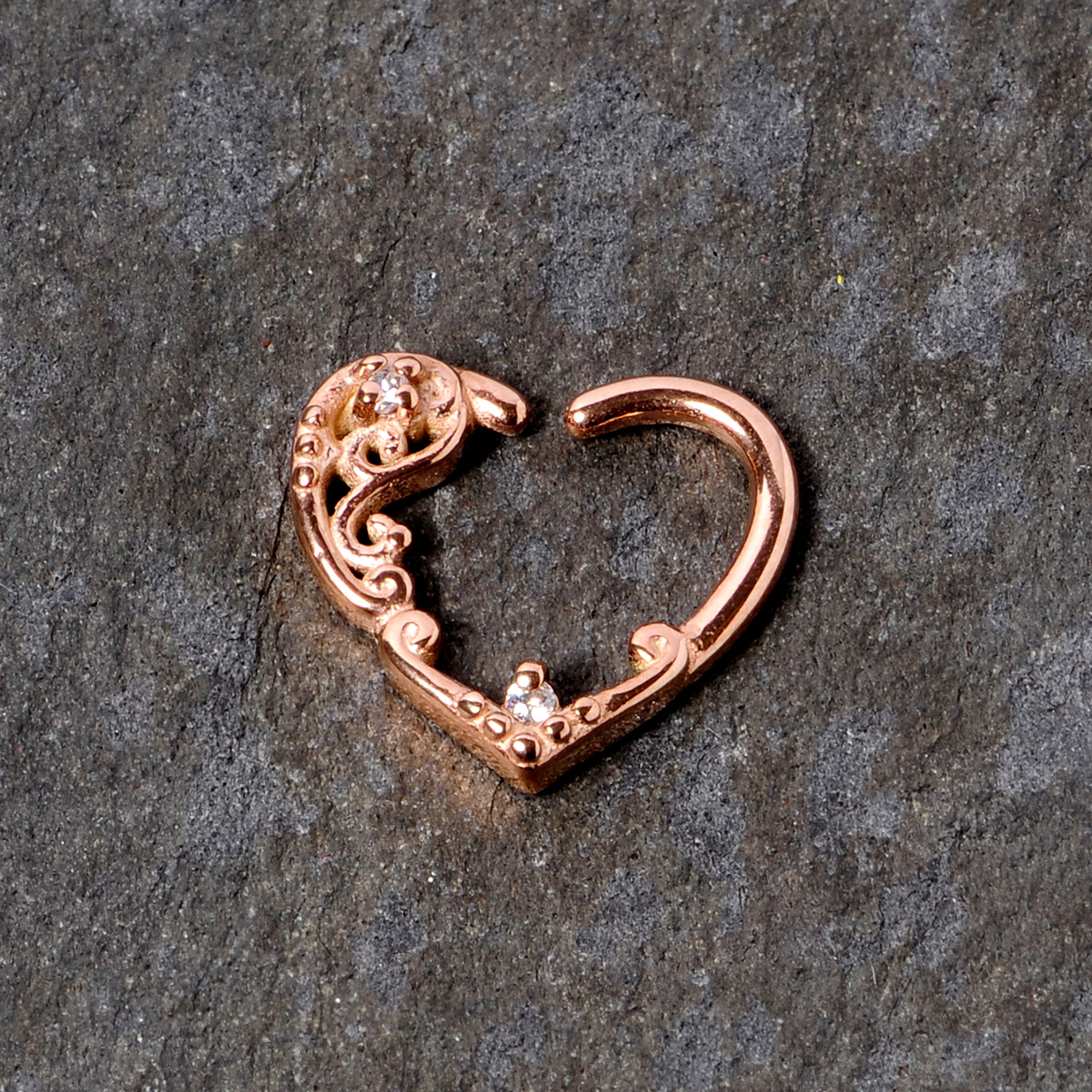 16 Gauge 3/8 Clear CZ Gem Rose Gold Tone Heart Right Ear Closure Ring