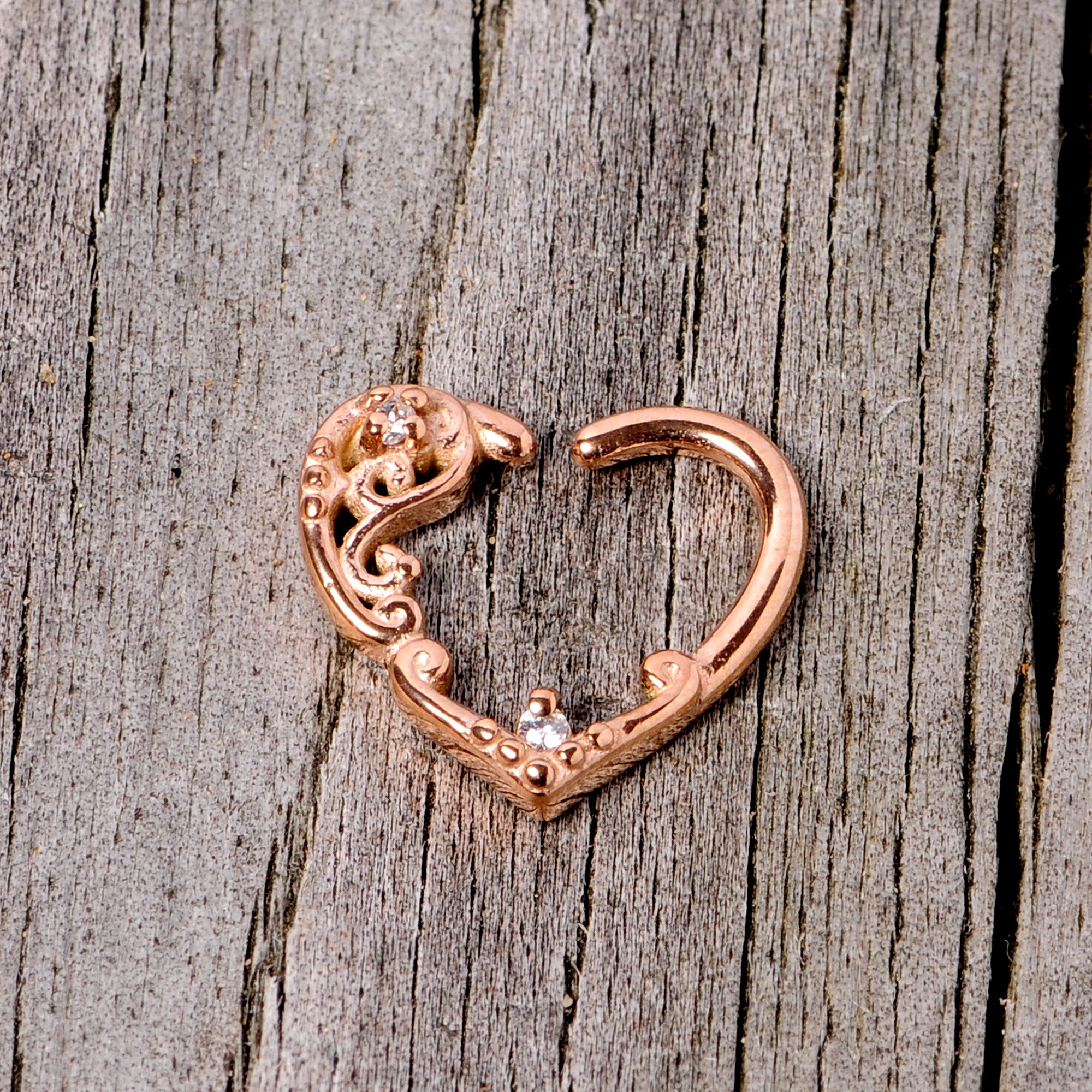 16 Gauge 3/8 Clear CZ Gem Rose Gold Tone Heart Right Ear Closure Ring