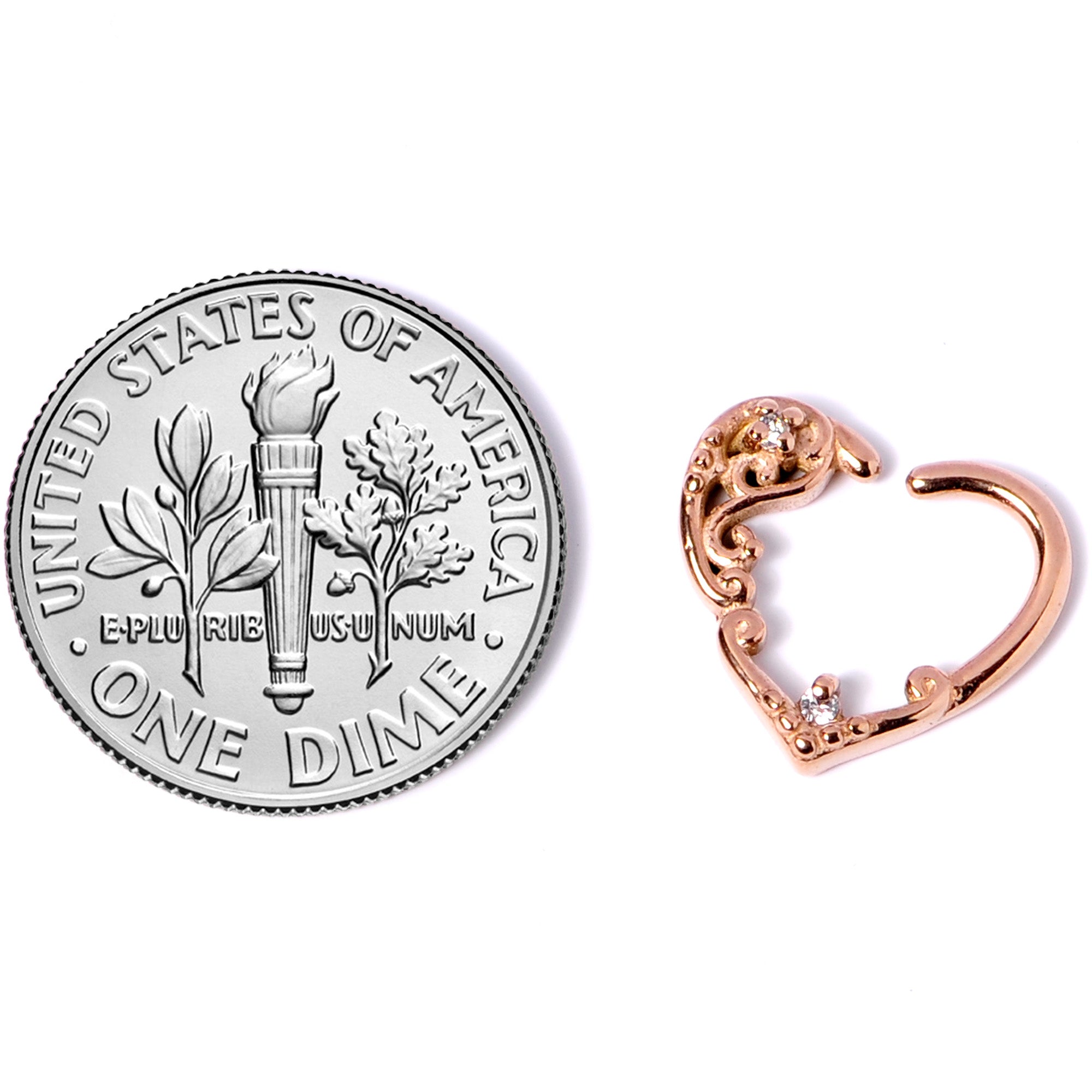 16 Gauge 3/8 Clear CZ Gem Rose Gold Tone Heart Right Ear Closure Ring