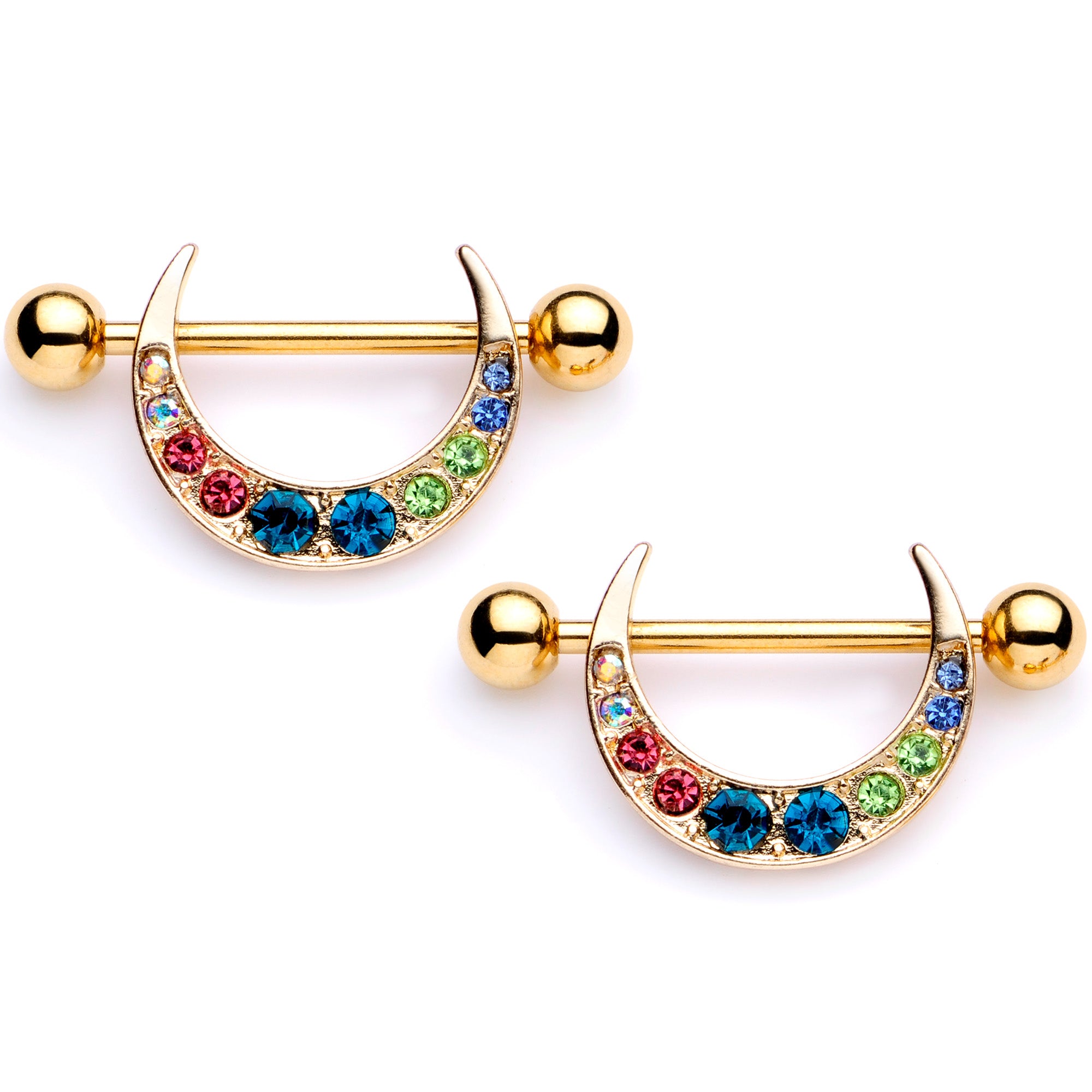 14 Gauge 7/8 Multicolor Gem Gold Tone Crescent Nipple Shield Set