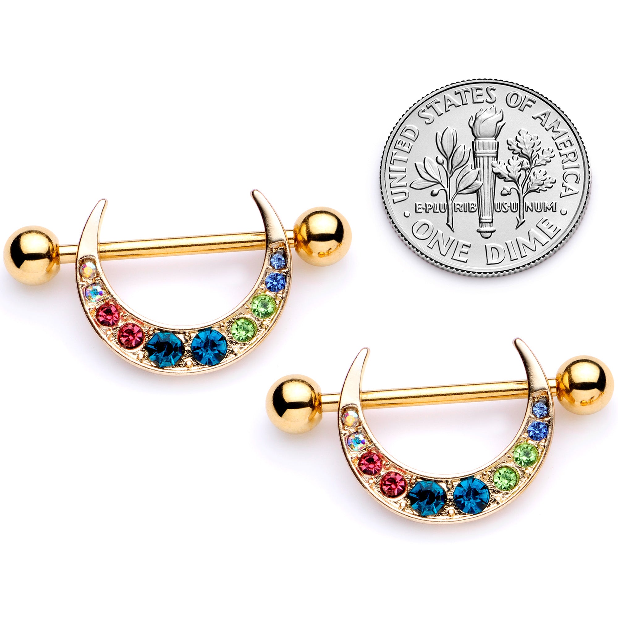 14 Gauge 7/8 Multicolor Gem Gold Tone Crescent Nipple Shield Set