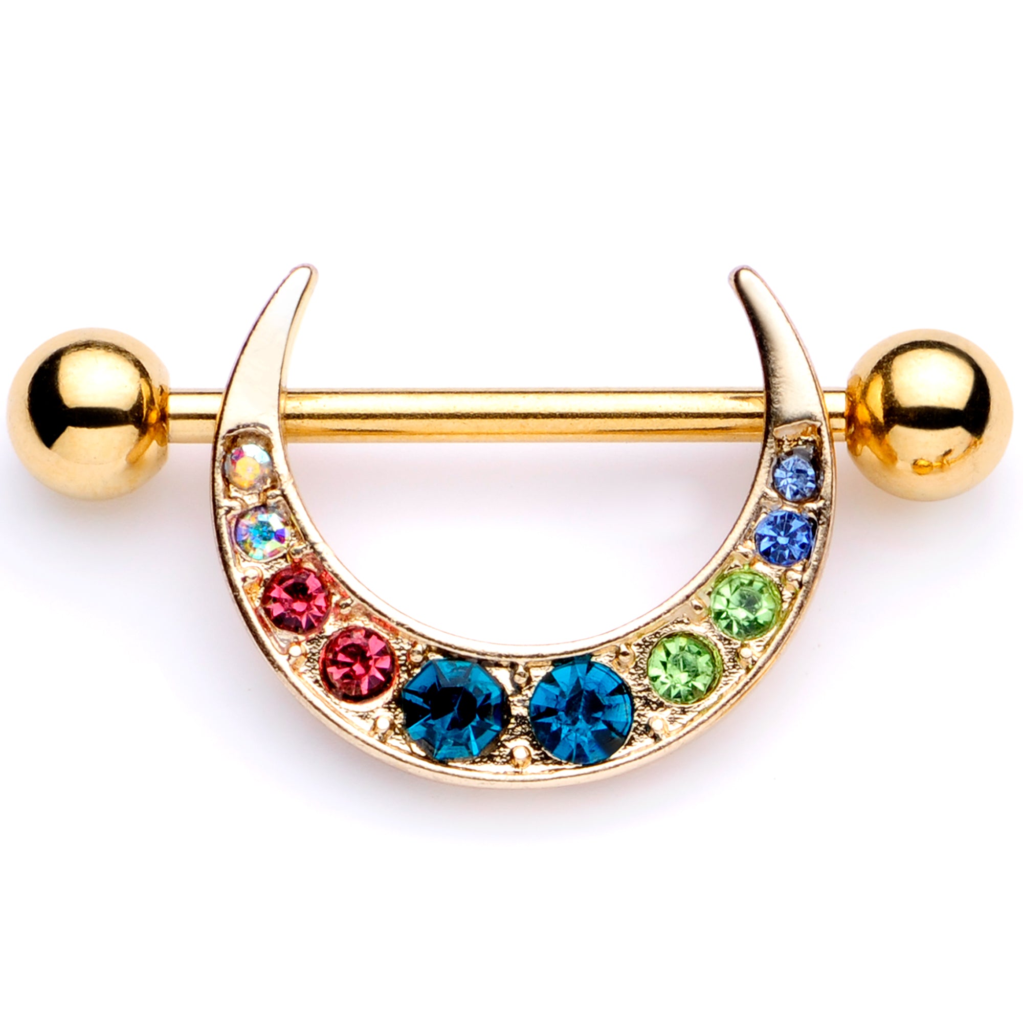 14 Gauge 7/8 Multicolor Gem Gold Tone Crescent Nipple Shield Set