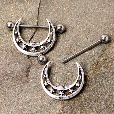 A Set of Sun and Crescent Moon Nipple Barbell. Nipple 