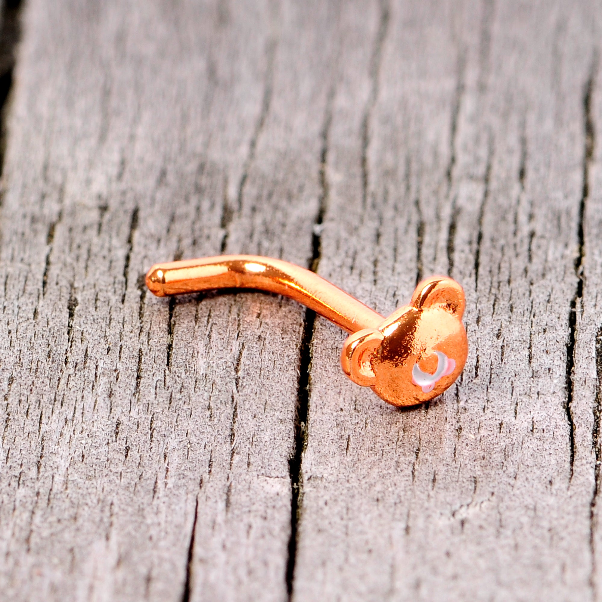 18 Gauge 5/16 Rose Gold Tone Tiny Teddy Bear L Shaped Nose Ring