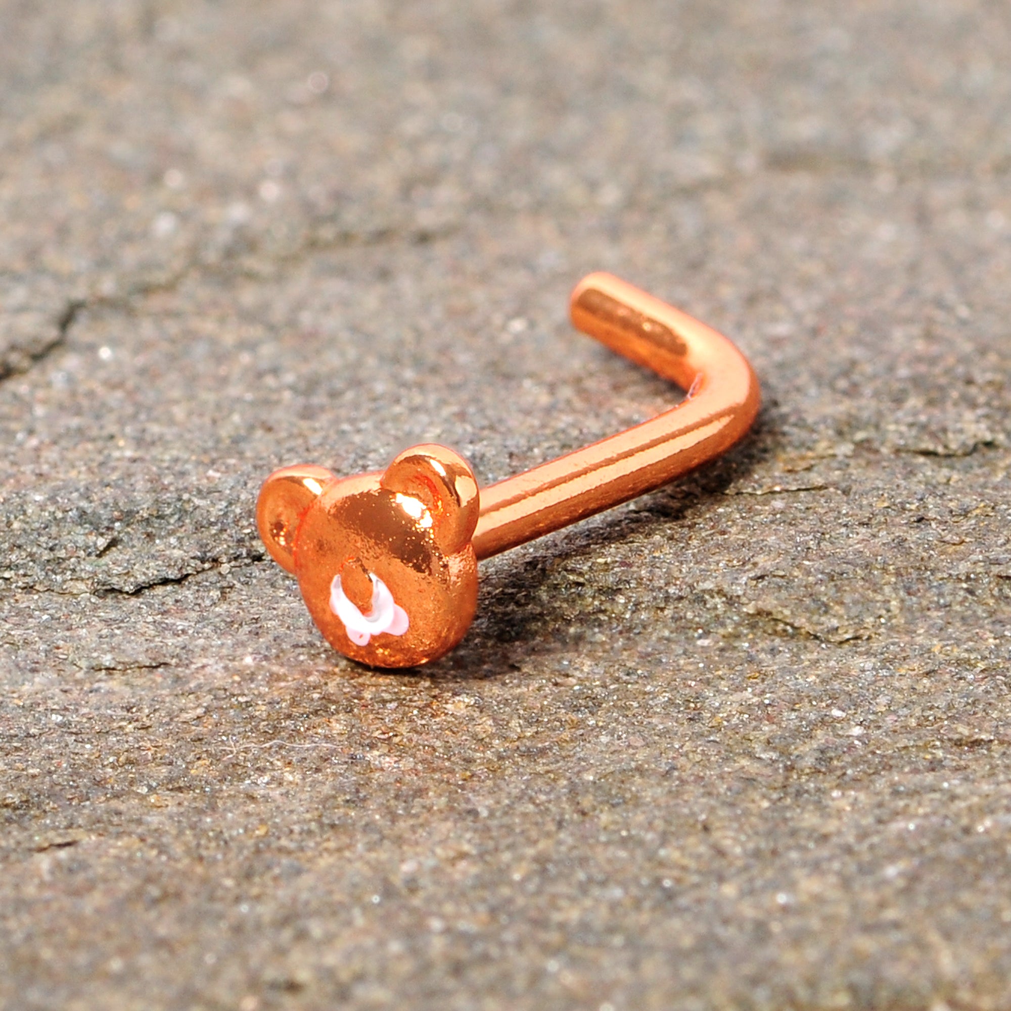 18 Gauge 5/16 Rose Gold Tone Tiny Teddy Bear L Shaped Nose Ring