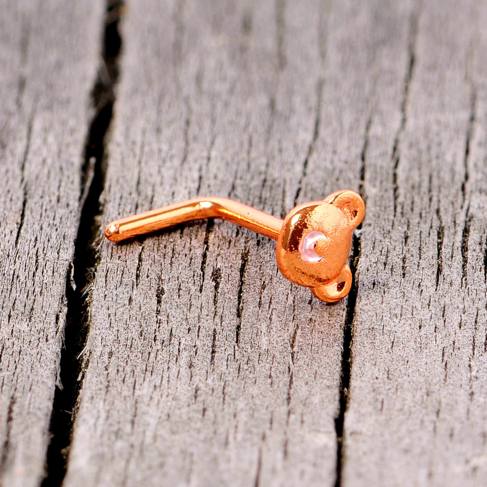 20 Gauge 5/16 Rose Gold Tone Tiny Teddy Bear L Shaped Nose Ring