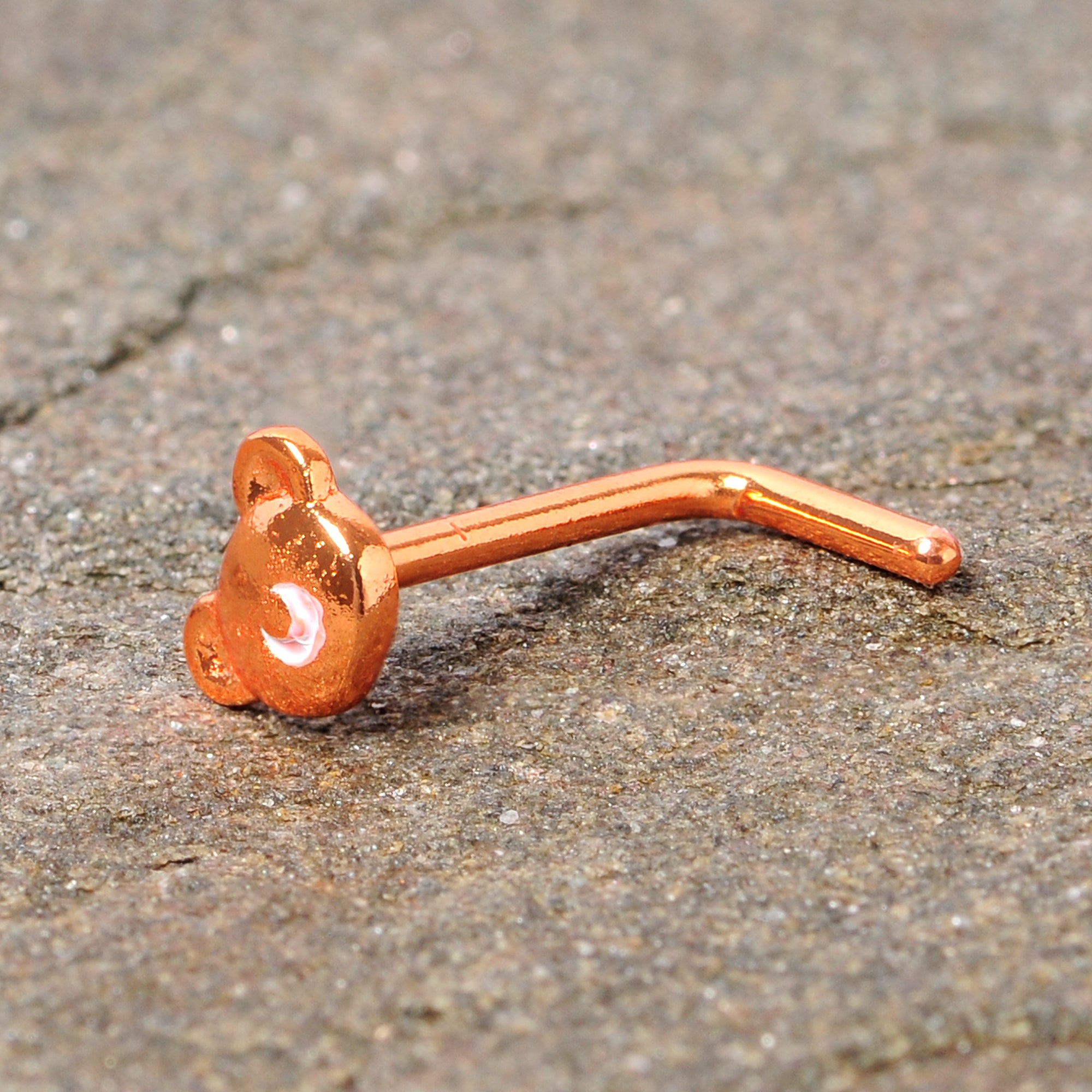 20 Gauge 5/16 Rose Gold Tone Tiny Teddy Bear L Shaped Nose Ring