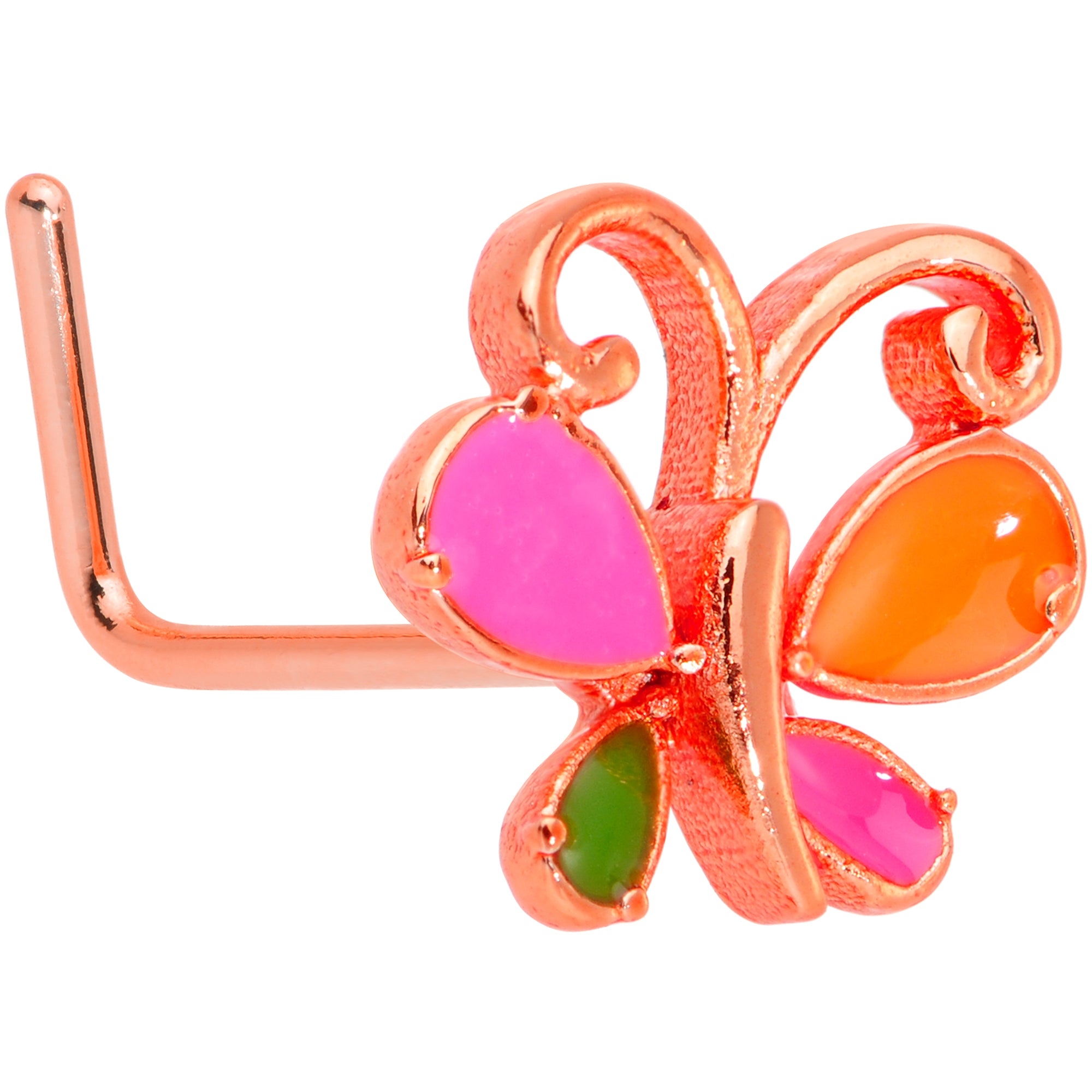 22 Gauge 1/4 Pink Orange Rose Gold Tone Butterfly L Shaped Nose Ring