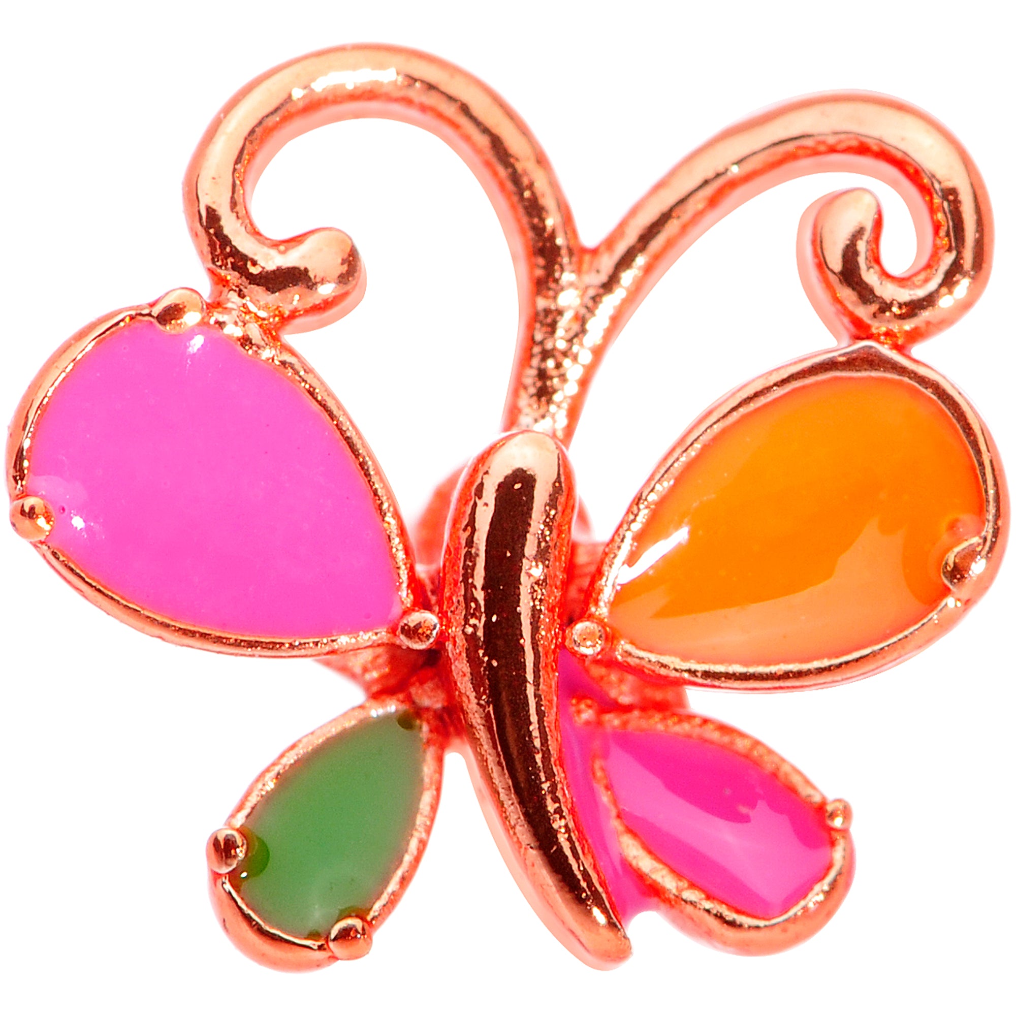 22 Gauge 1/4 Pink Orange Rose Gold Tone Butterfly L Shaped Nose Ring