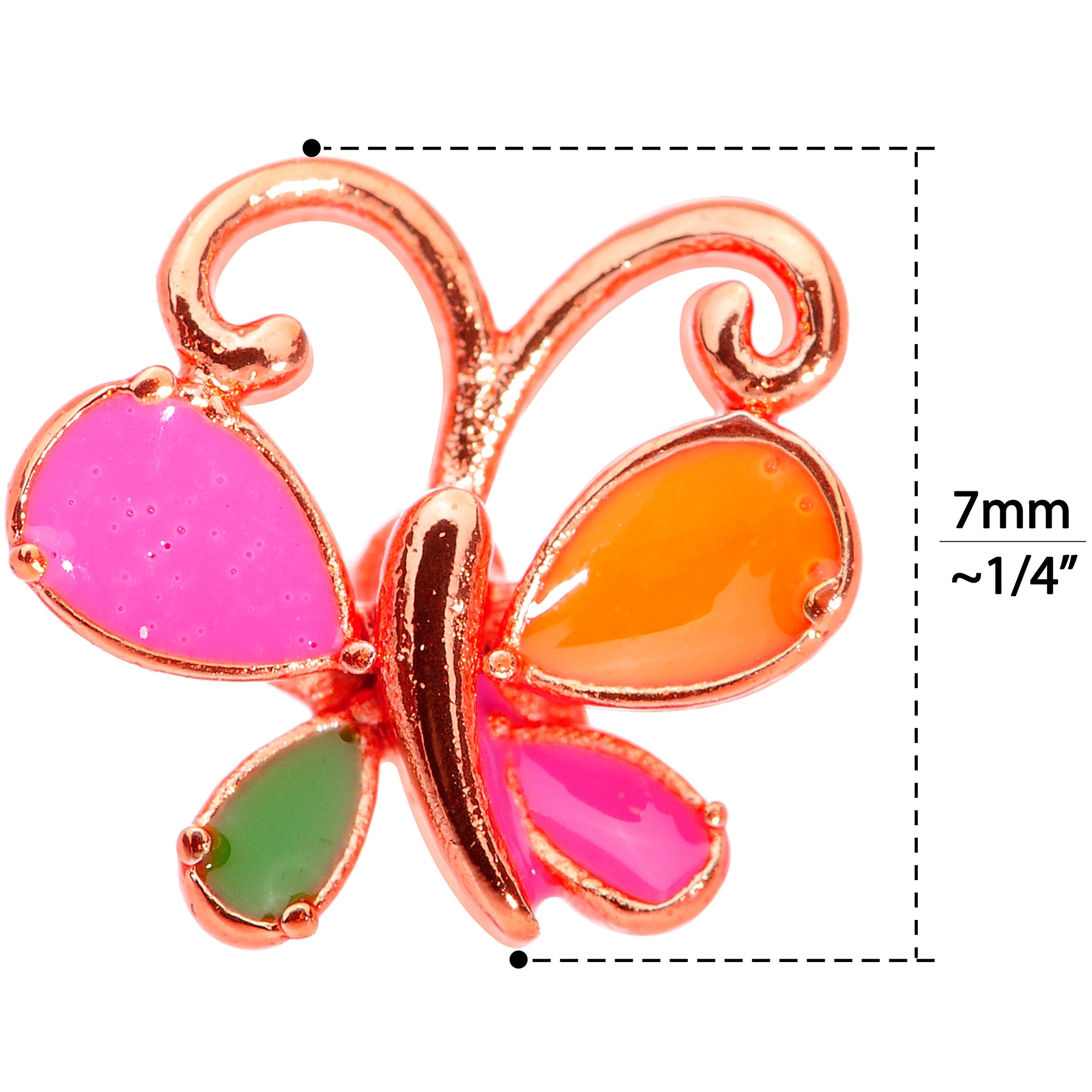 22 Gauge 1/4 Pink Orange Rose Gold Tone Butterfly L Shaped Nose Ring