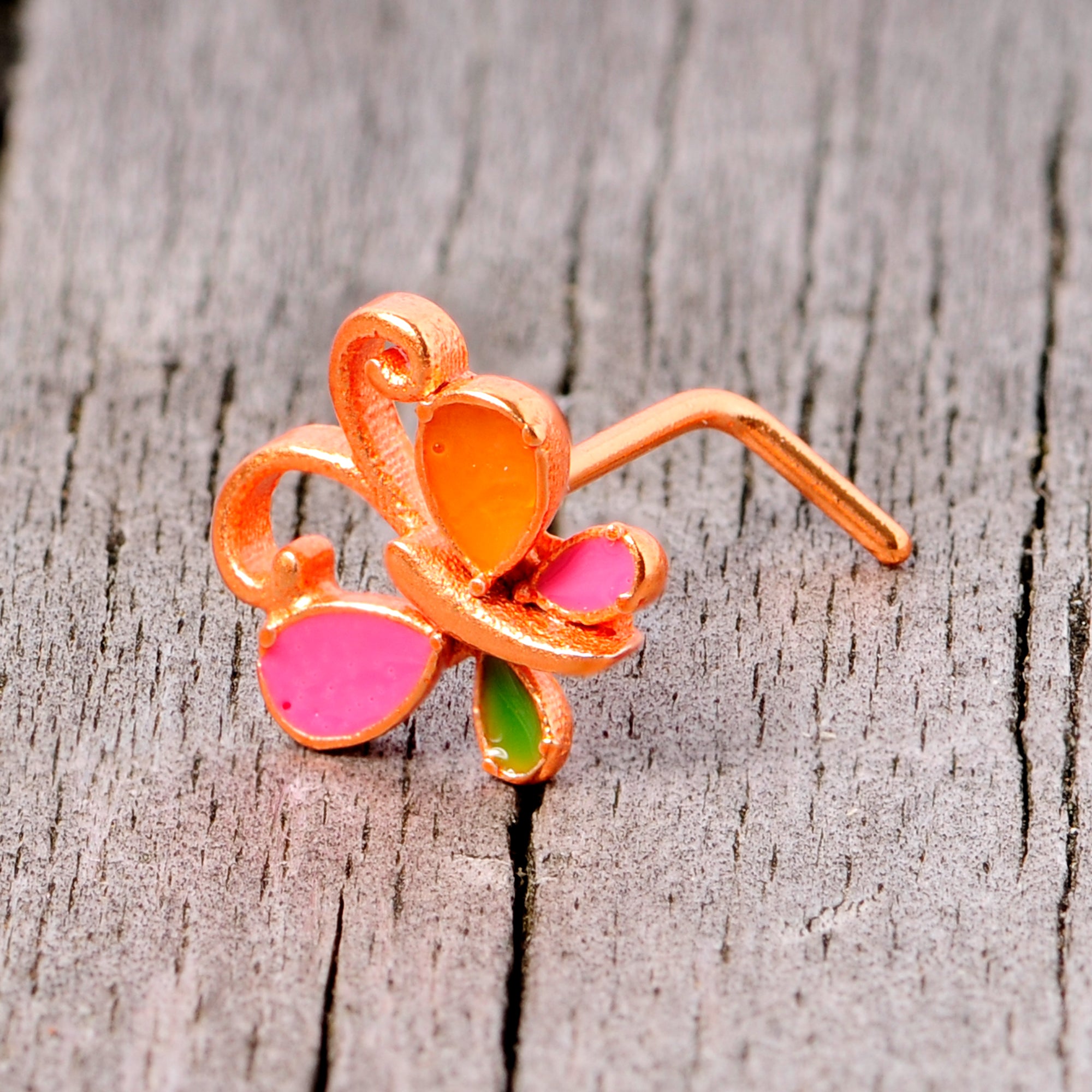 22 Gauge 1/4 Pink Orange Rose Gold Tone Butterfly L Shaped Nose Ring