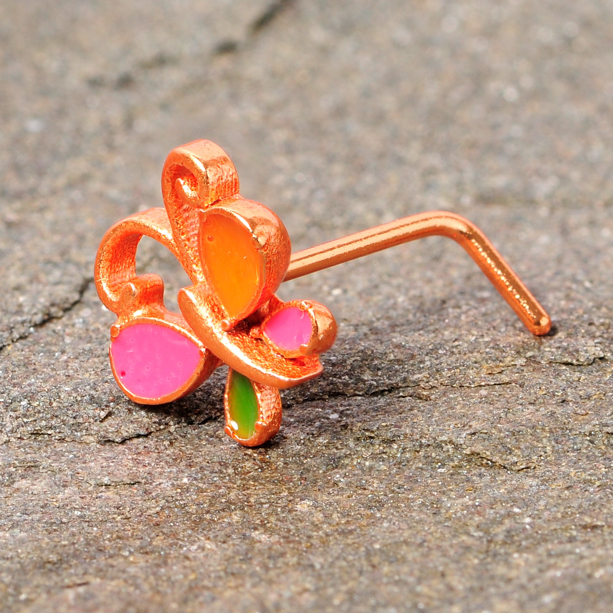 22 Gauge 1/4 Pink Orange Rose Gold Tone Butterfly L Shaped Nose Ring