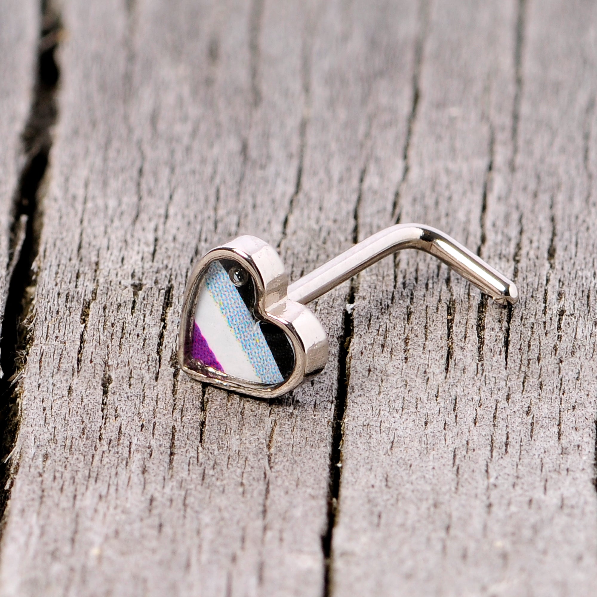 20 Gauge 5/16 Black Grey Purple Asexual Pride Heart L Shaped Nose Ring