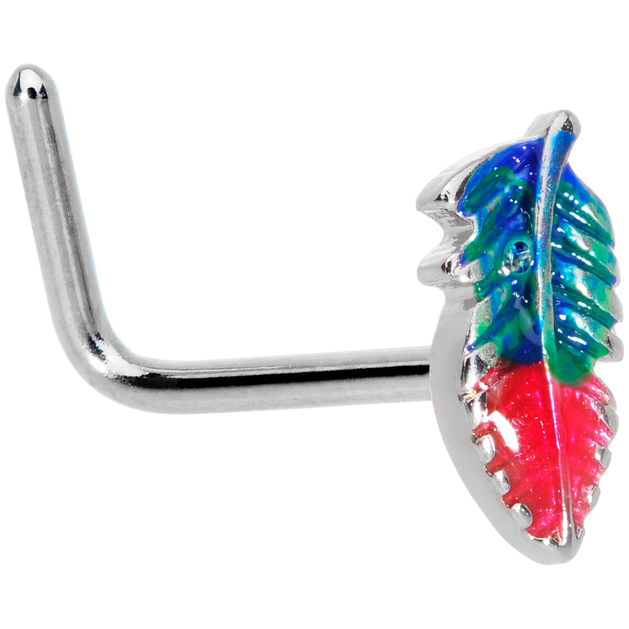 20 Gauge 1/4 Blue Green Red Feather L Shaped Nose Ring