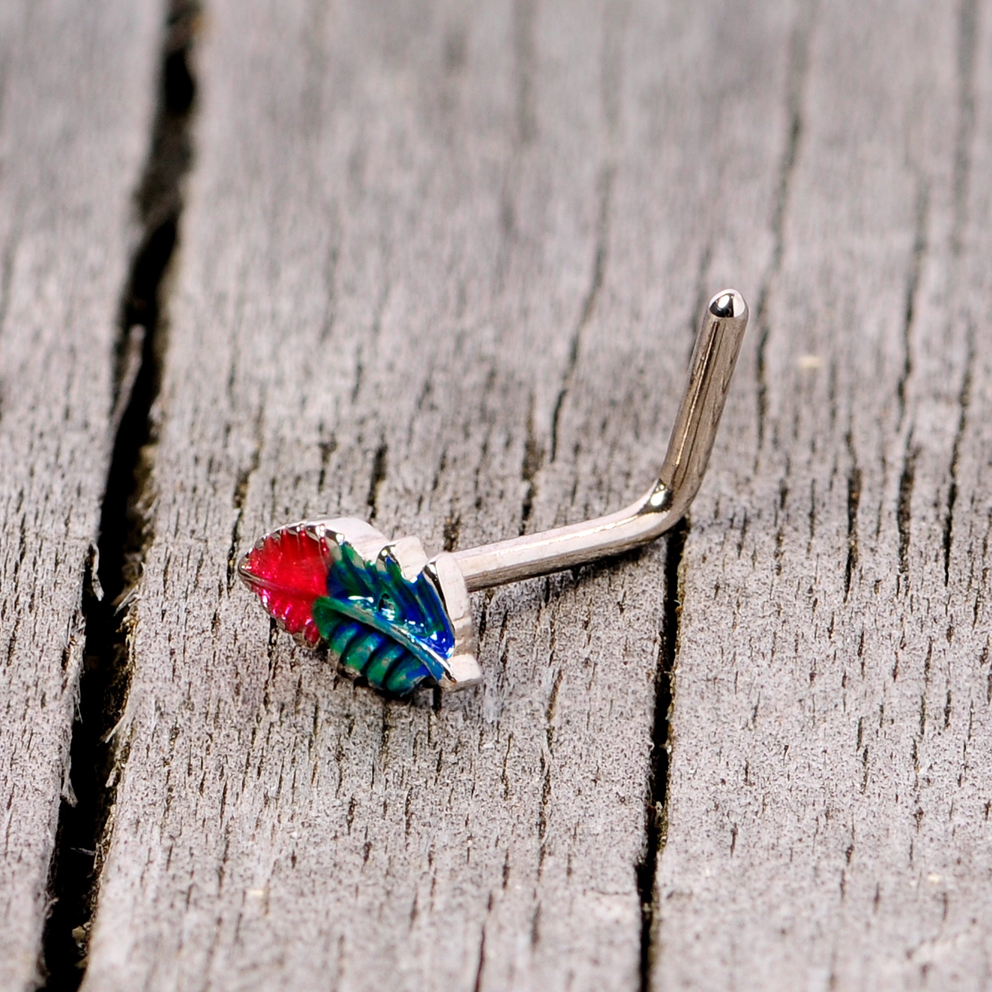 20 Gauge 1/4 Blue Green Red Feather L Shaped Nose Ring