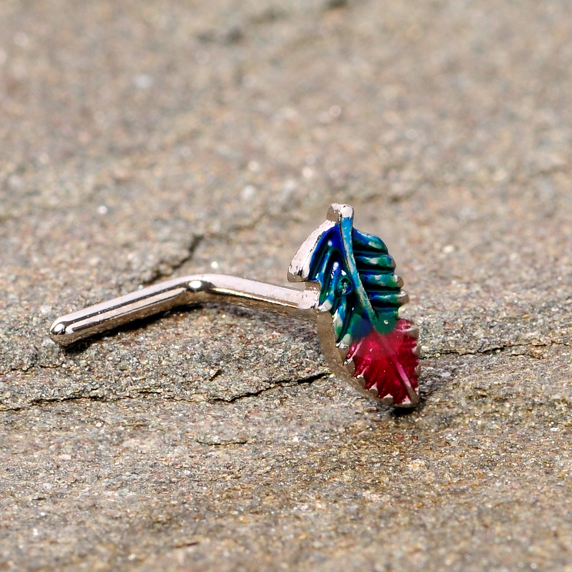 20 Gauge 1/4 Blue Green Red Feather L Shaped Nose Ring