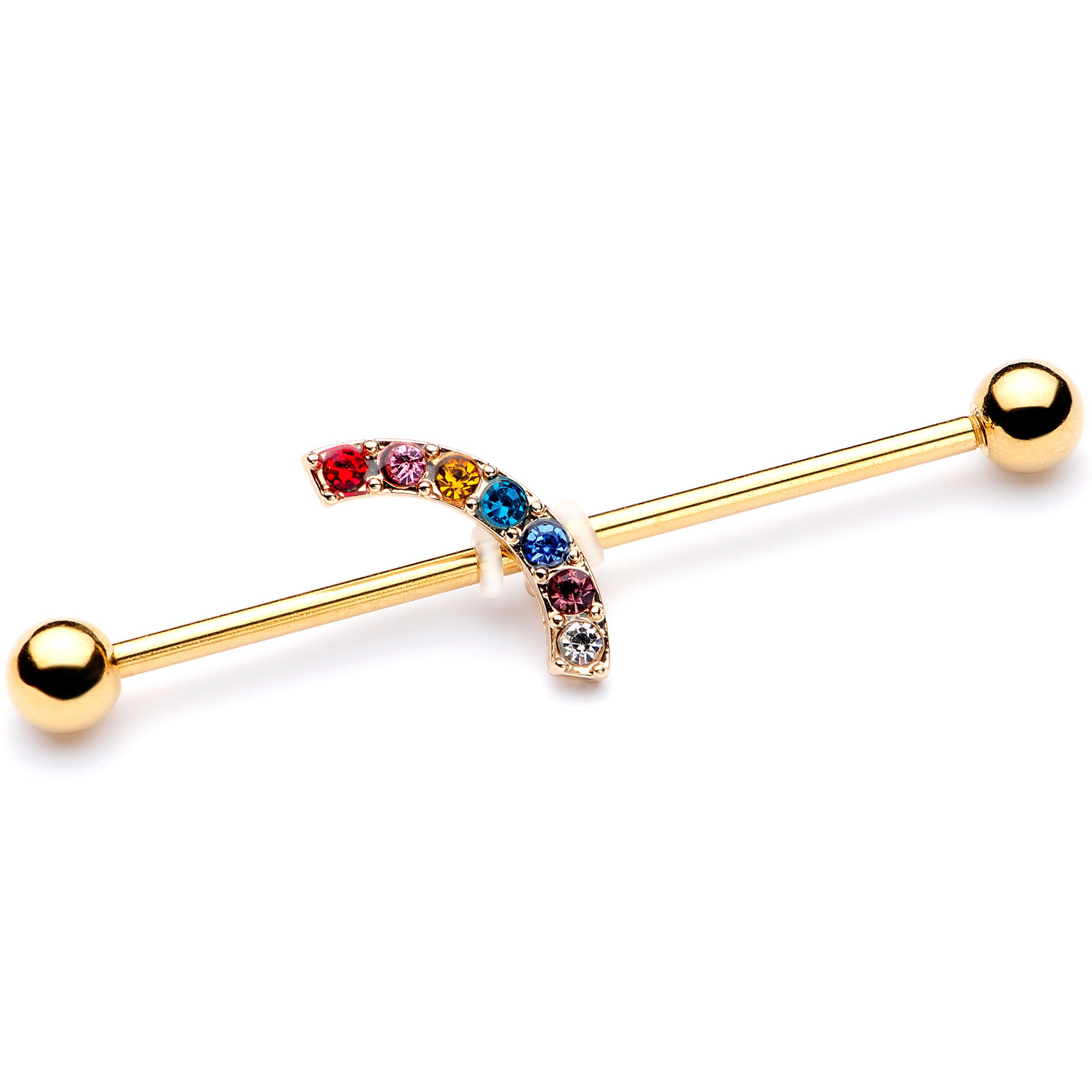 14 Gauge Red Blue Gem Gold Tone Rainbow Arc Industrial Barbell 38mm