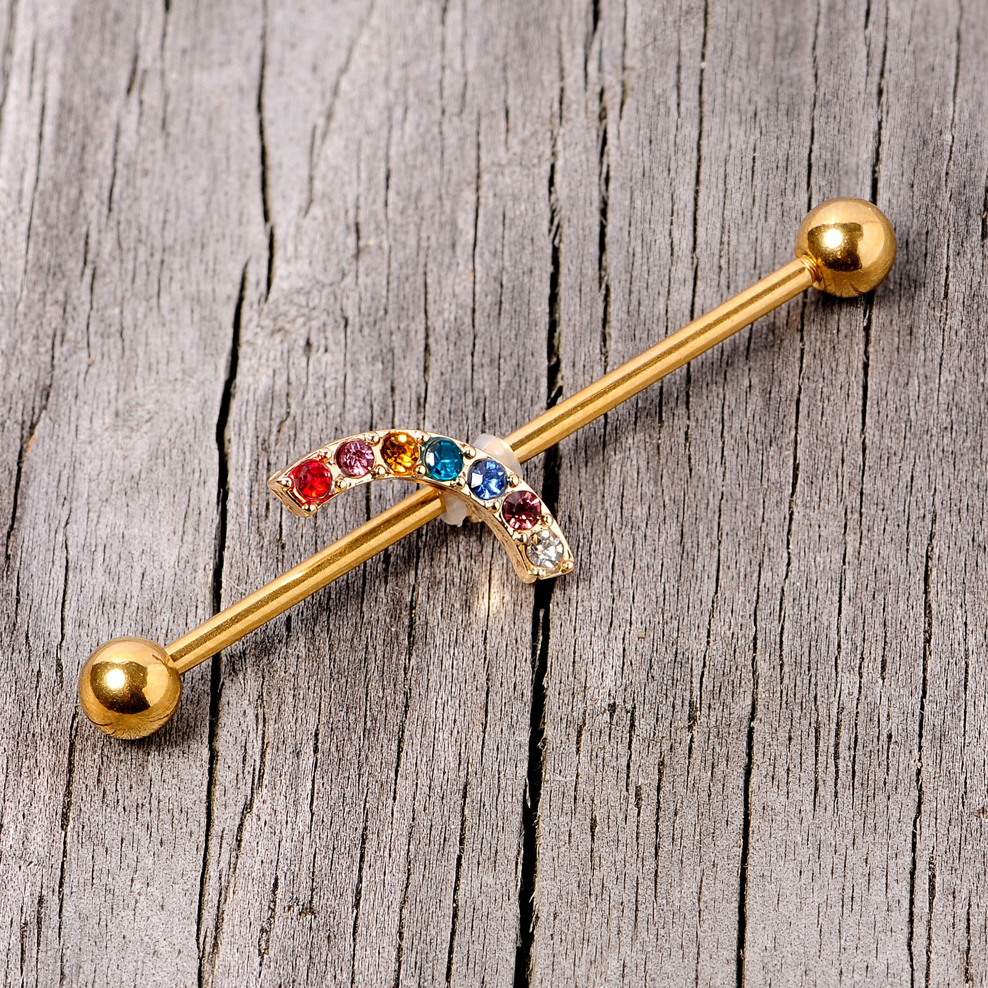 14 Gauge Red Blue Gem Gold Tone Rainbow Arc Industrial Barbell 38mm