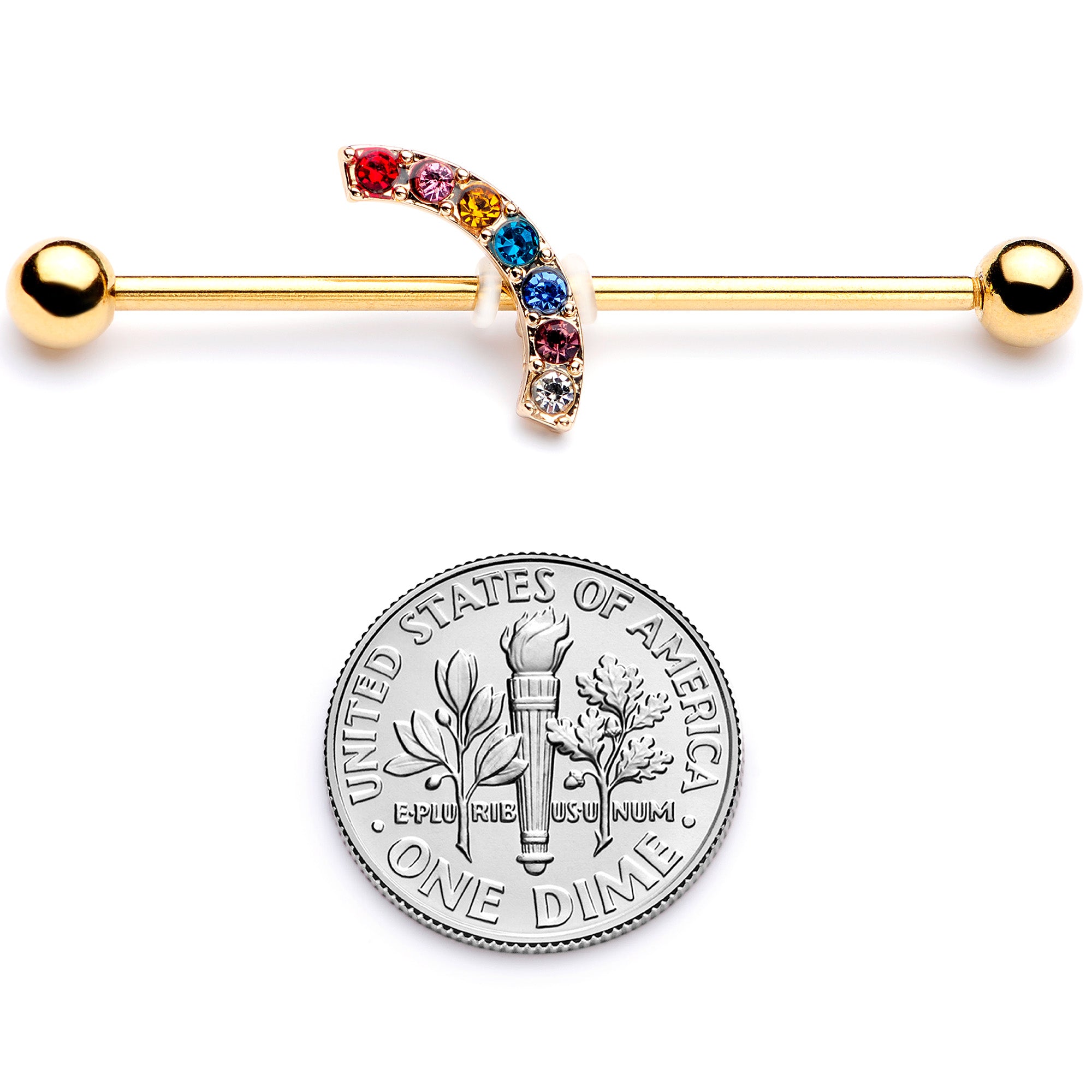 14 Gauge Red Blue Gem Gold Tone Rainbow Arc Industrial Barbell 38mm