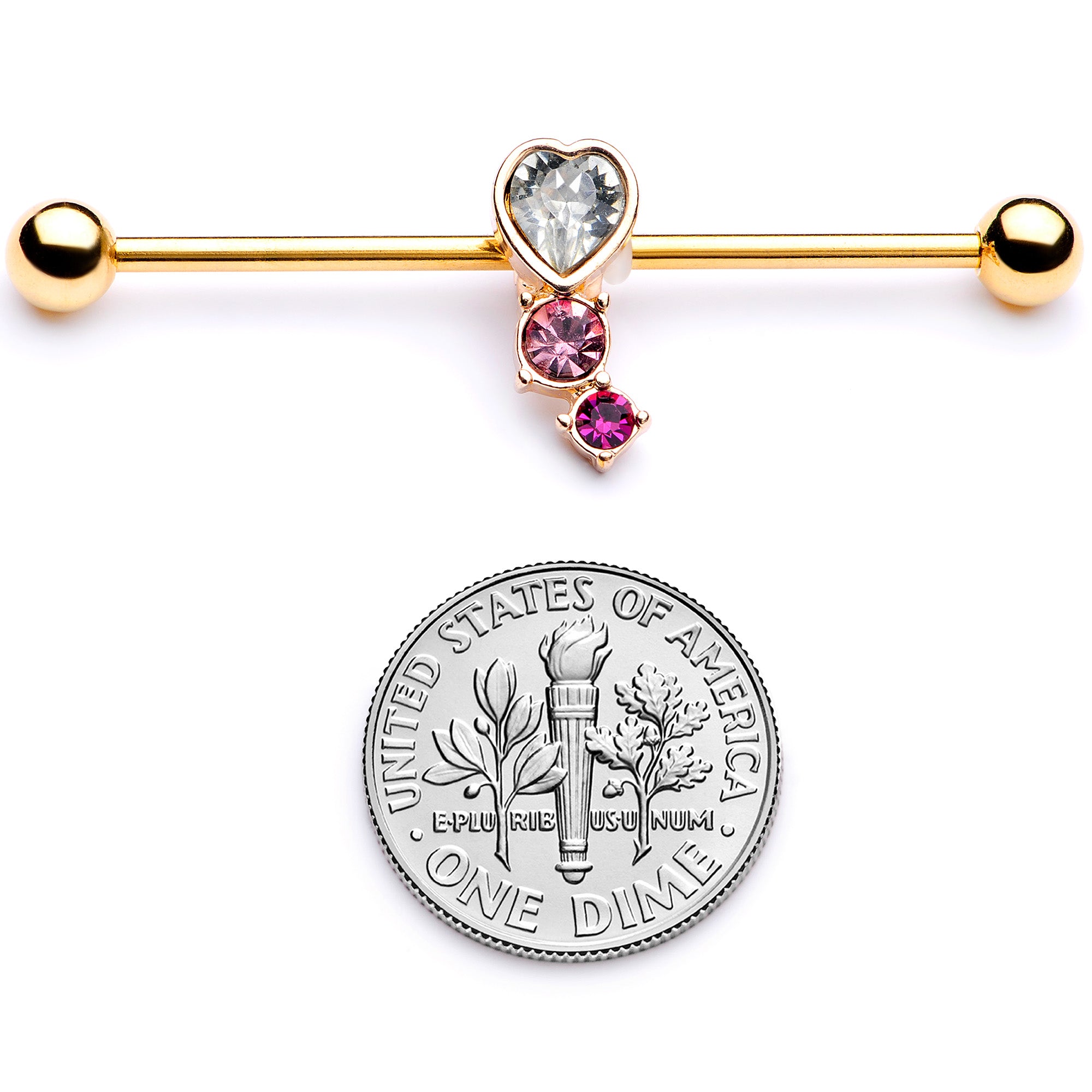 14 Gauge Clear Pink Red Gem Gold Tone Heart Industrial Barbell 38mm