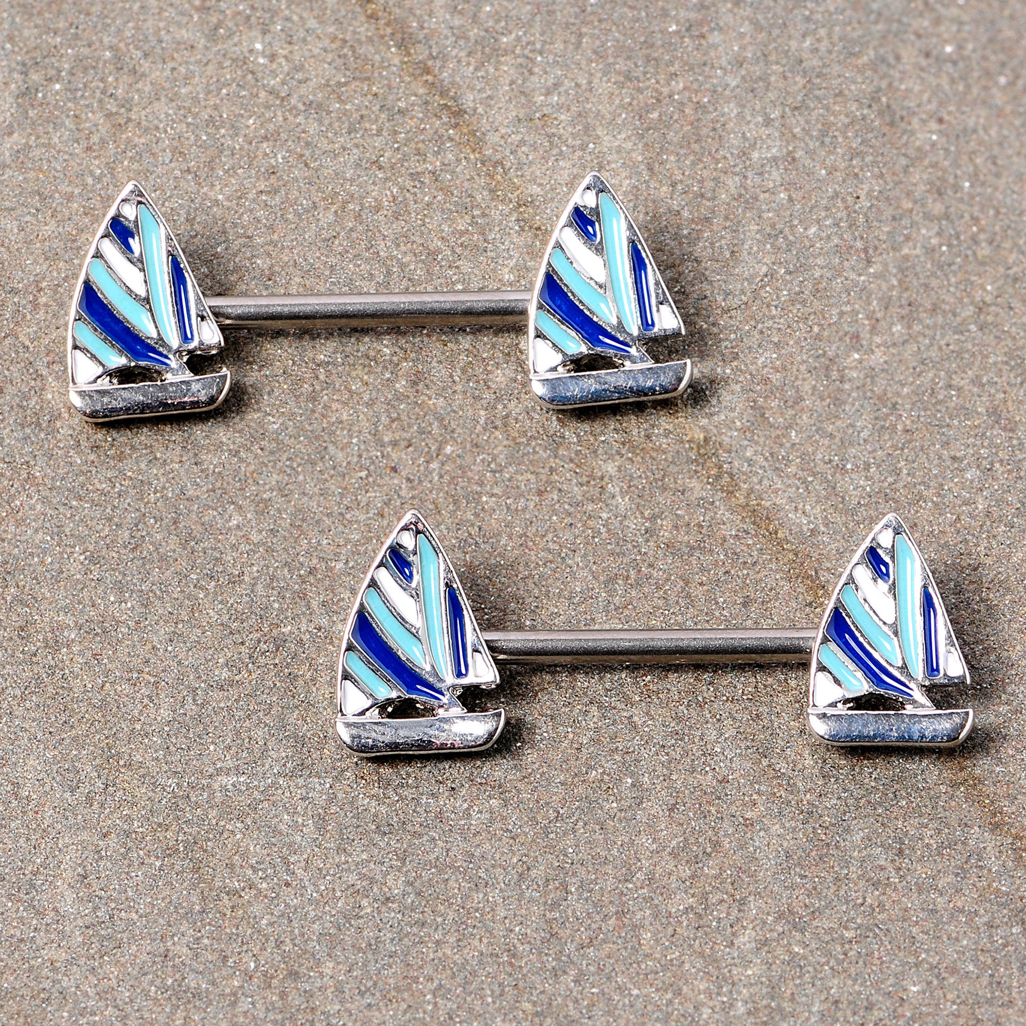 14 Gauge 9/16 Blue White Nautical Sailboat Barbell Nipple Ring Set