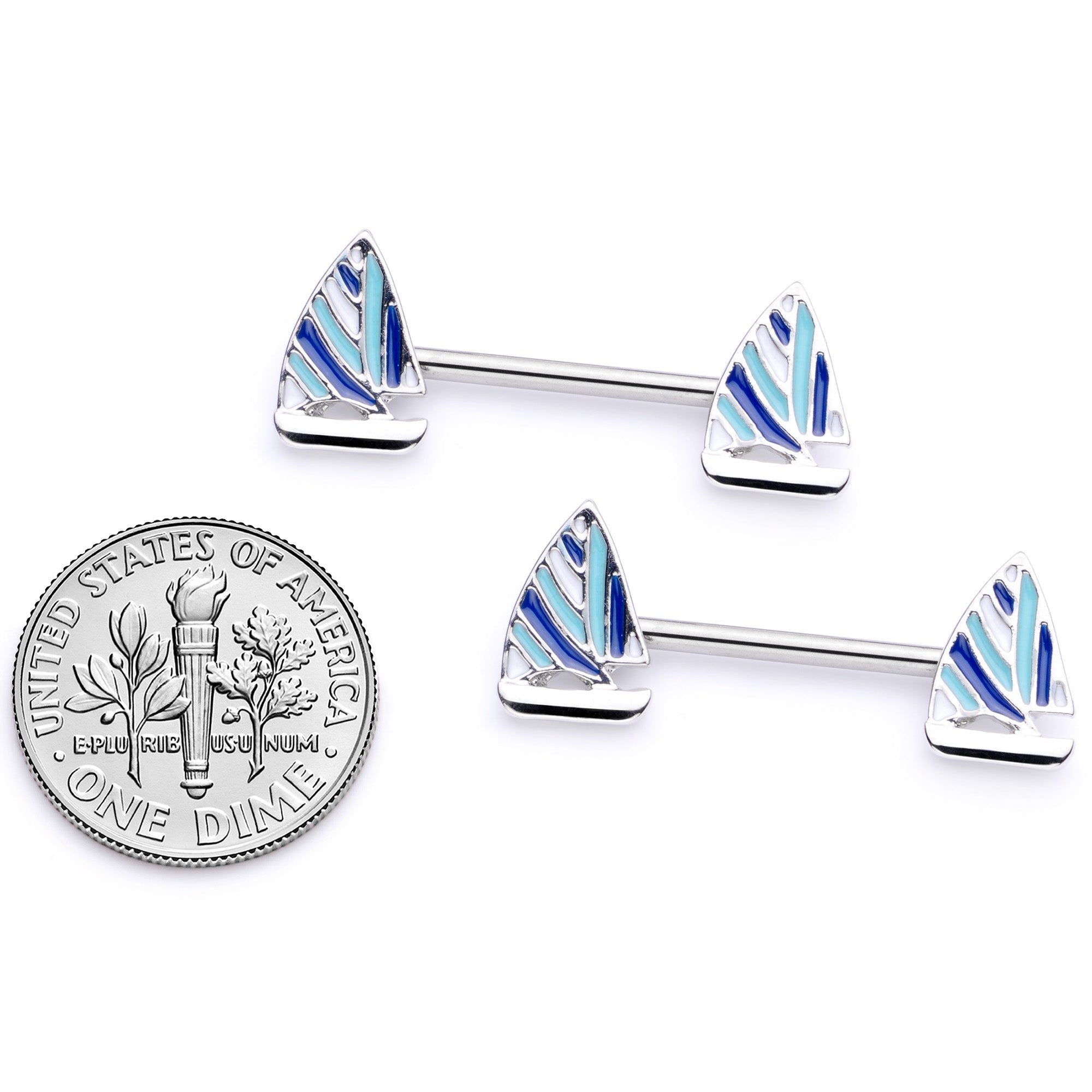 14 Gauge 9/16 Blue White Nautical Sailboat Barbell Nipple Ring Set