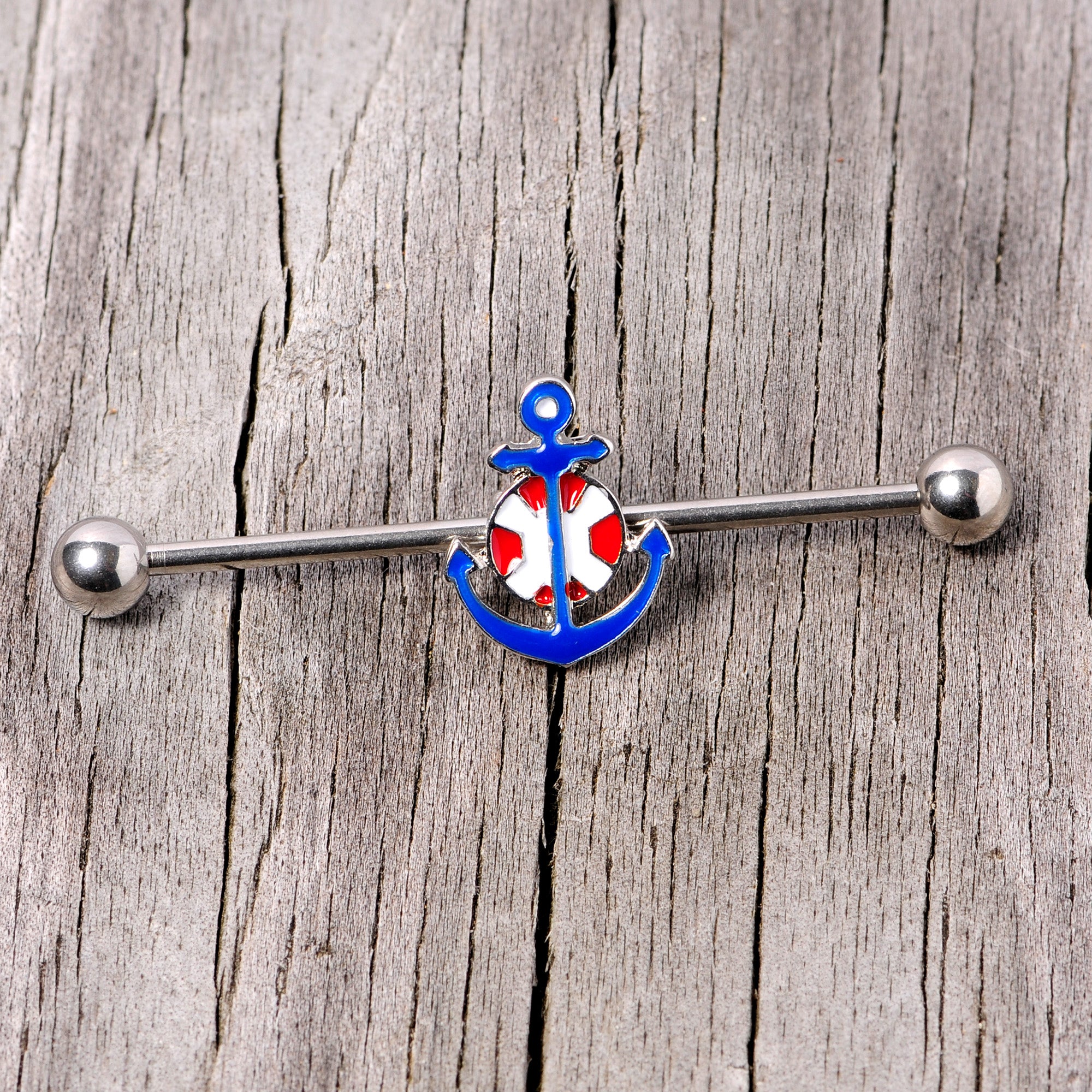 14 Gauge Blue Red Life Ring Anchor Nautical Industrial Barbell 38mm