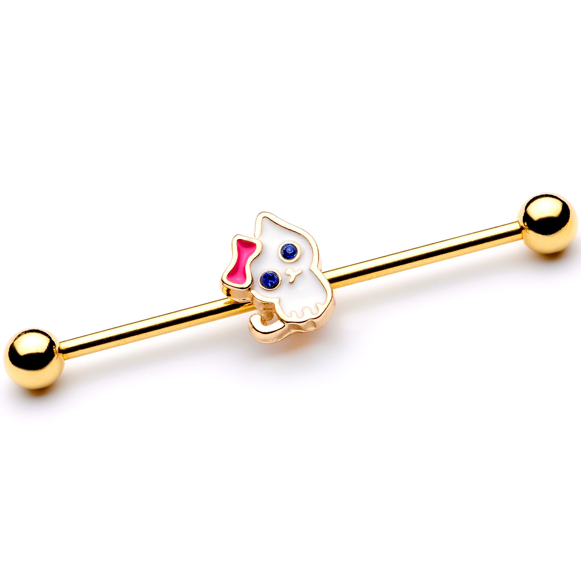 14 Gauge Blue Gem Gold Tone Sweet Kitty Cat Industrial Barbell 38mm