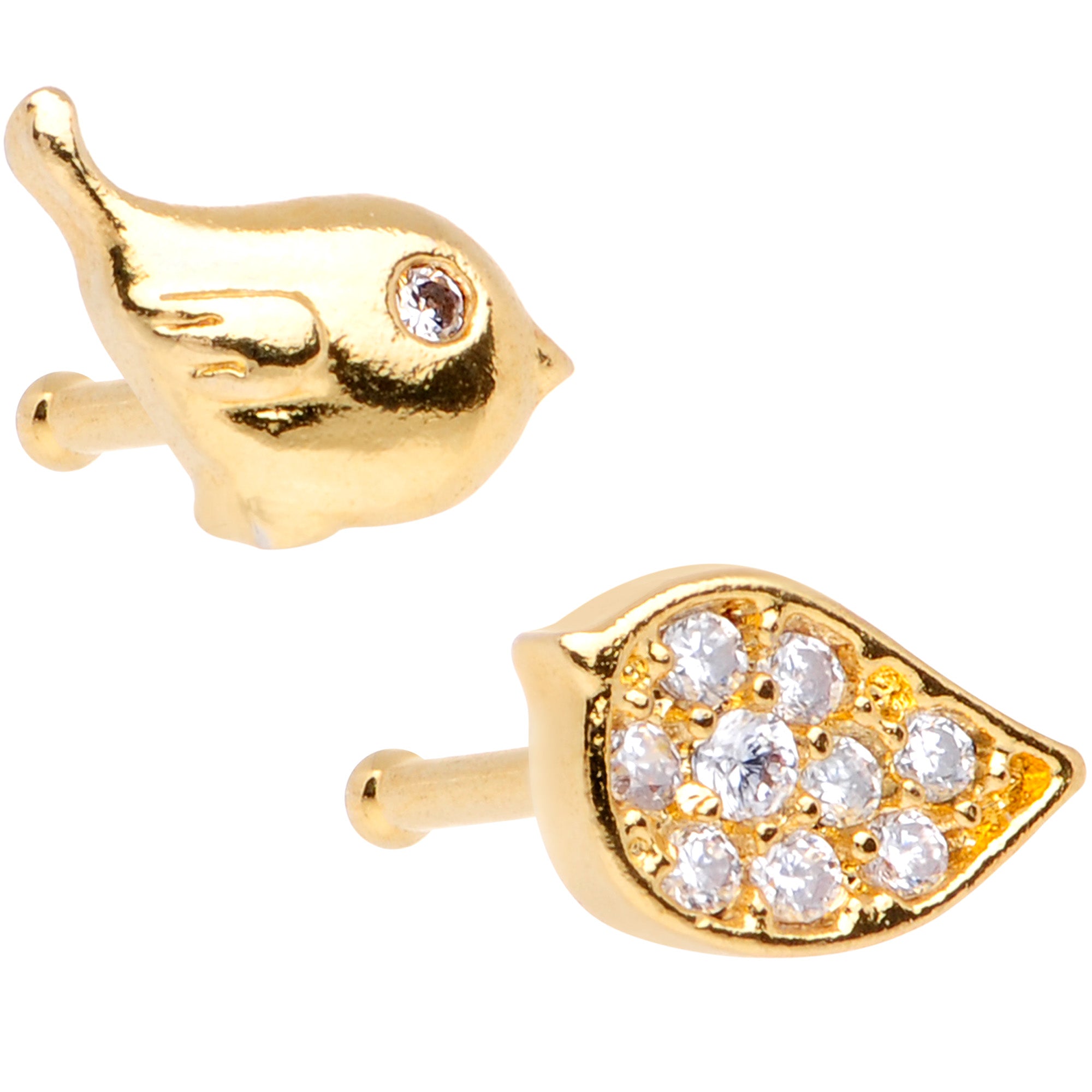 20 Gauge 1/4 Clear CZ Gem Gold Tone Little Birds Nose Bone Set of 2