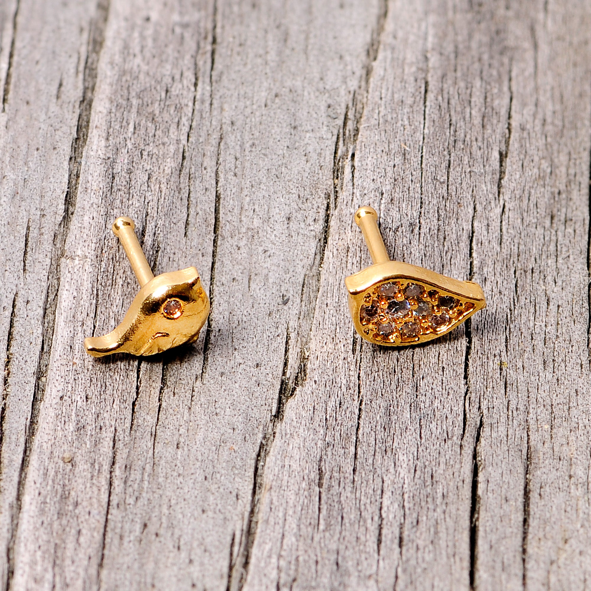 20 Gauge 1/4 Clear CZ Gem Gold Tone Little Birds Nose Bone Set of 2