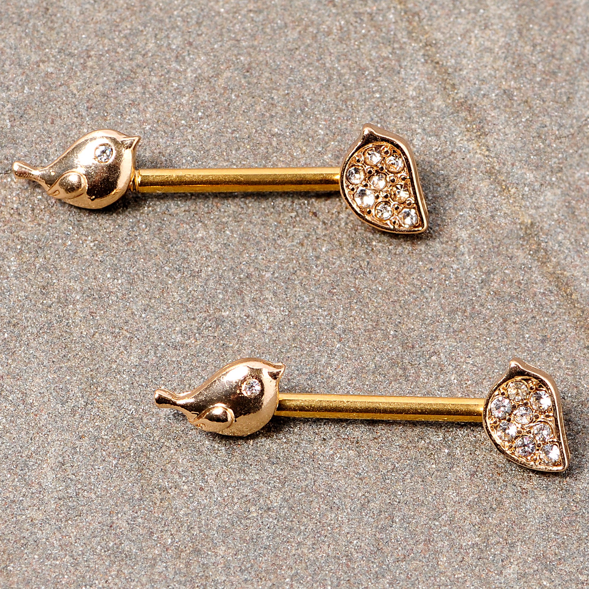 14 Gauge 9/16 Clear Gem Gold Tone Little Birds Barbell Nipple Ring Set