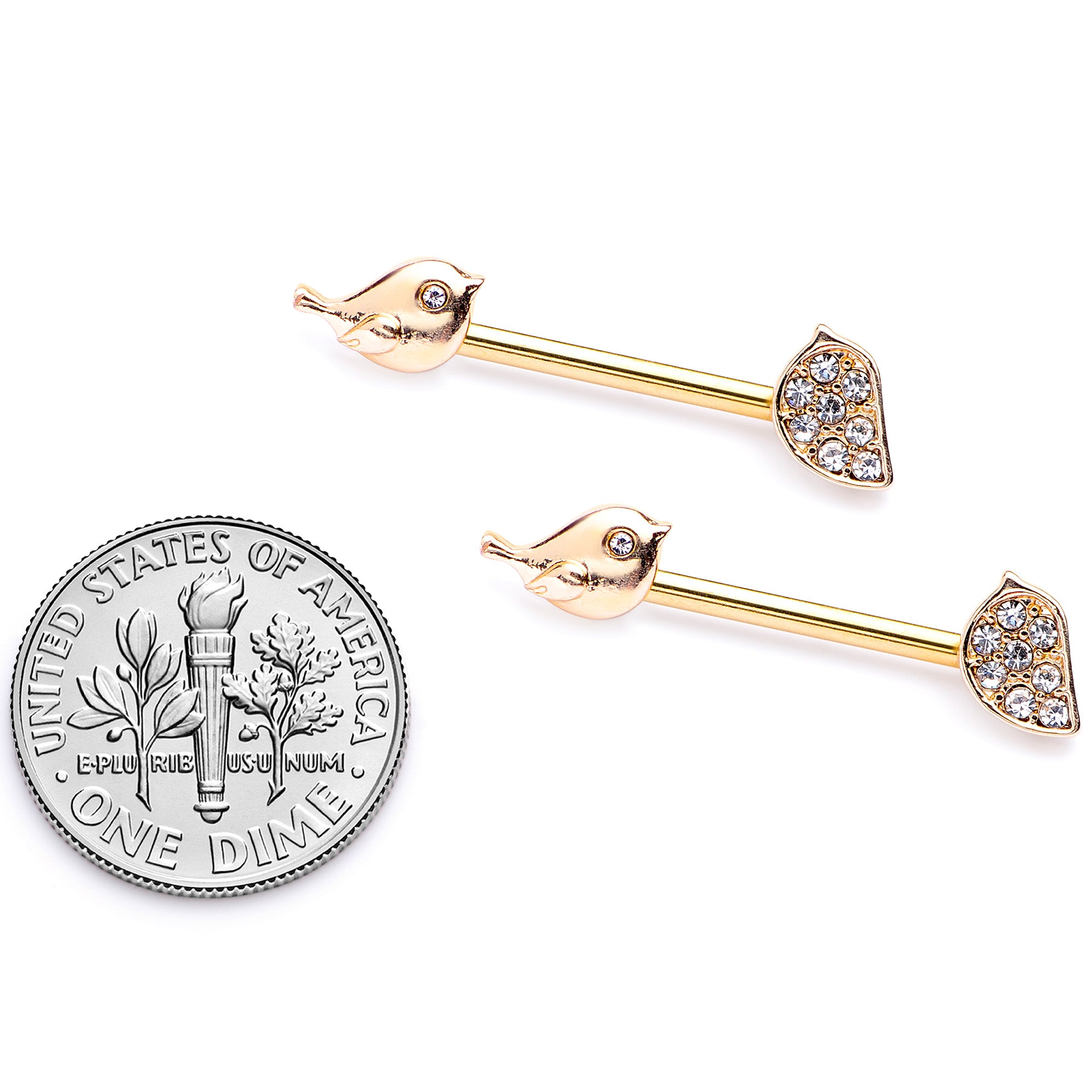 14 Gauge 9/16 Clear Gem Gold Tone Little Birds Barbell Nipple Ring Set