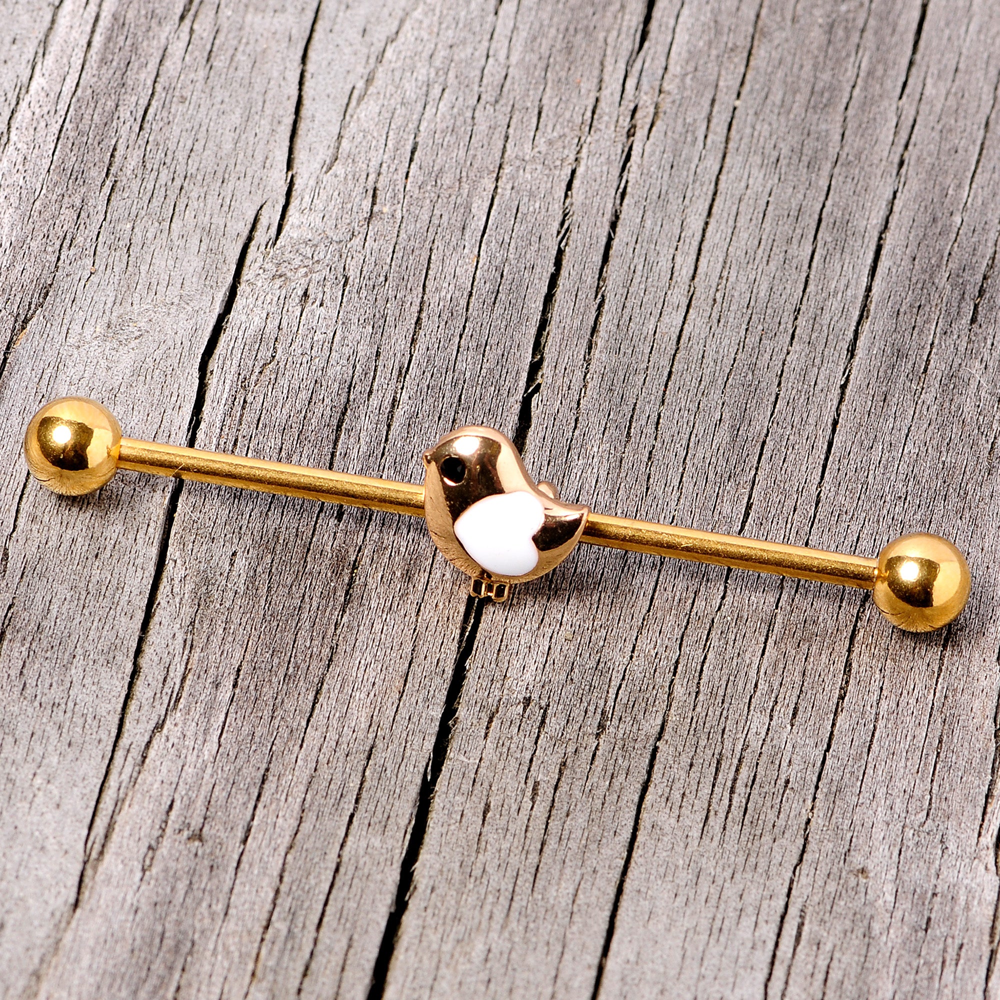 14 Gauge Black Gem Gold Tone Baby Bird Industrial Barbell 38mm