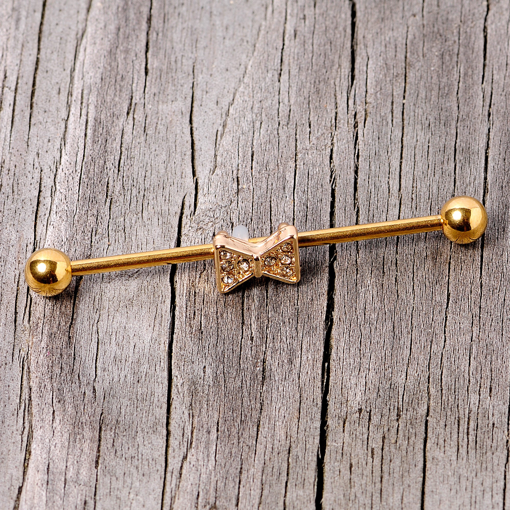 14 Gauge Clear Gem Gold Tone Bow Tie Industrial Barbell 38mm