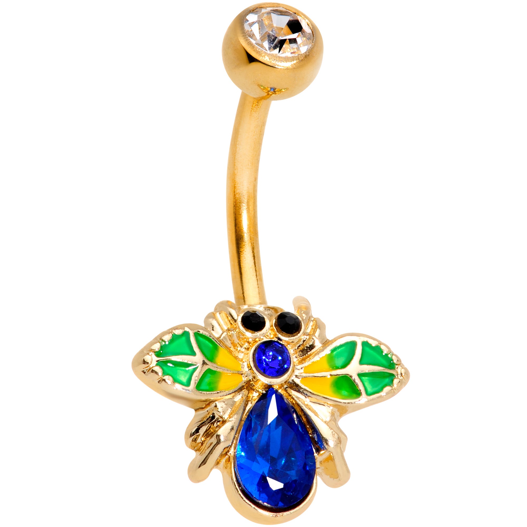 Blue Clear Gem Gold Tone Colorful Bee Belly Ring