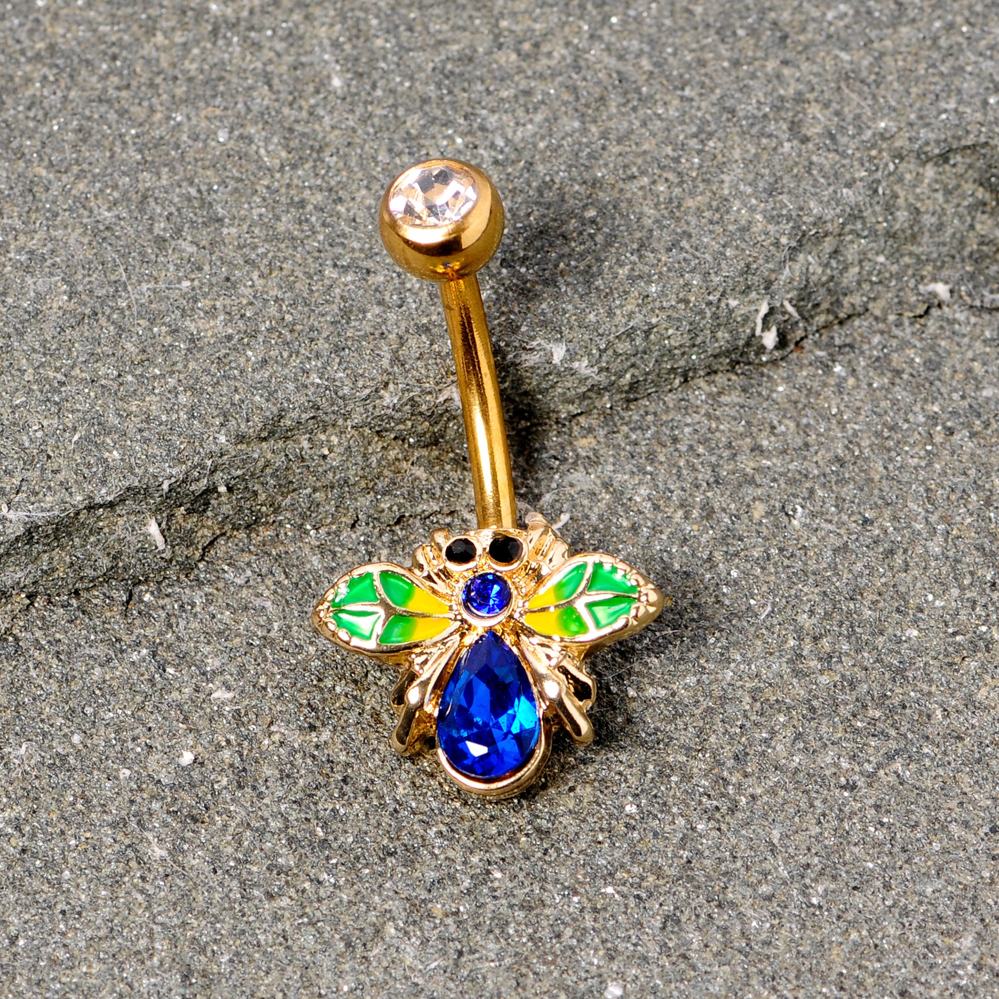 Blue Clear Gem Gold Tone Colorful Bee Belly Ring