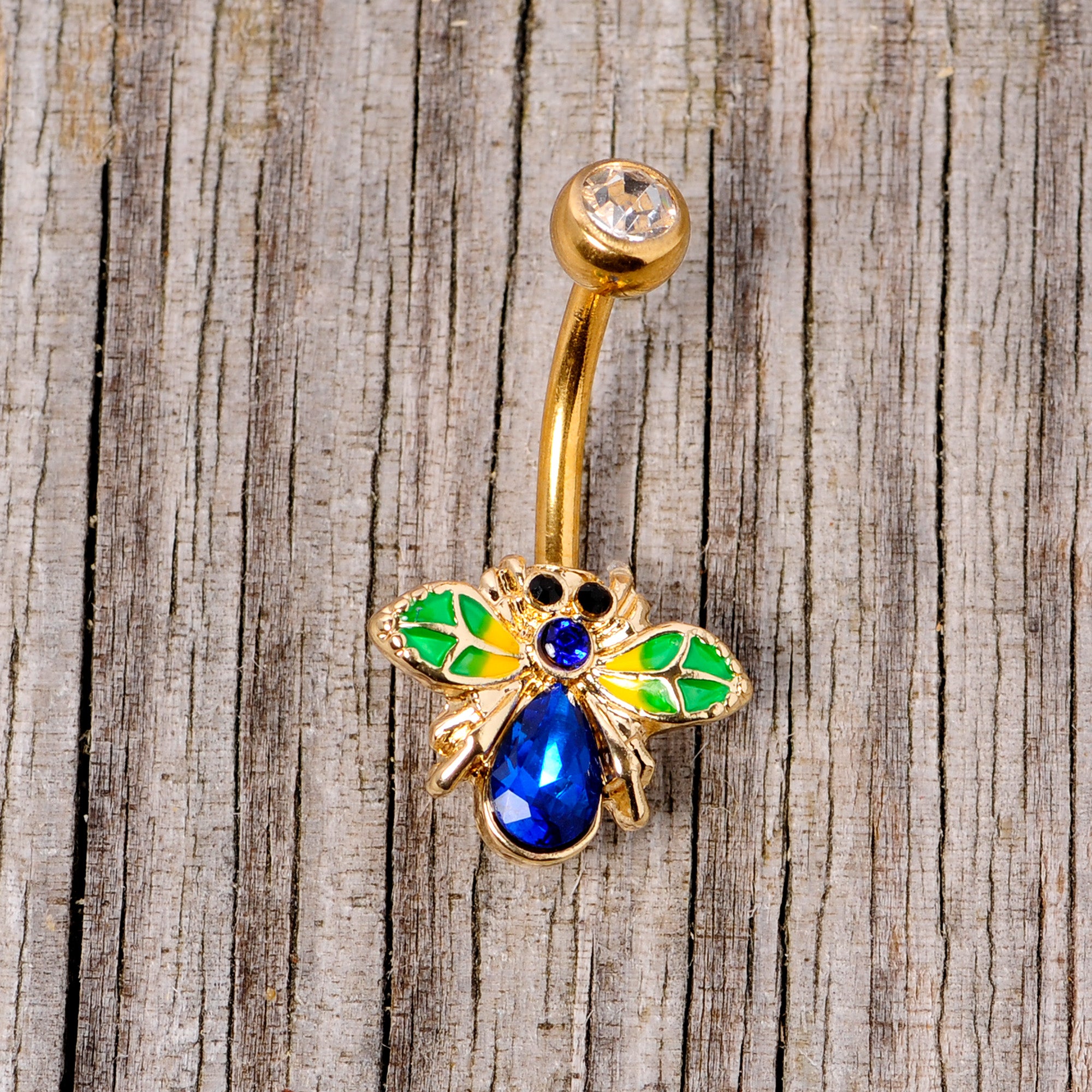 Blue Clear Gem Gold Tone Colorful Bee Belly Ring