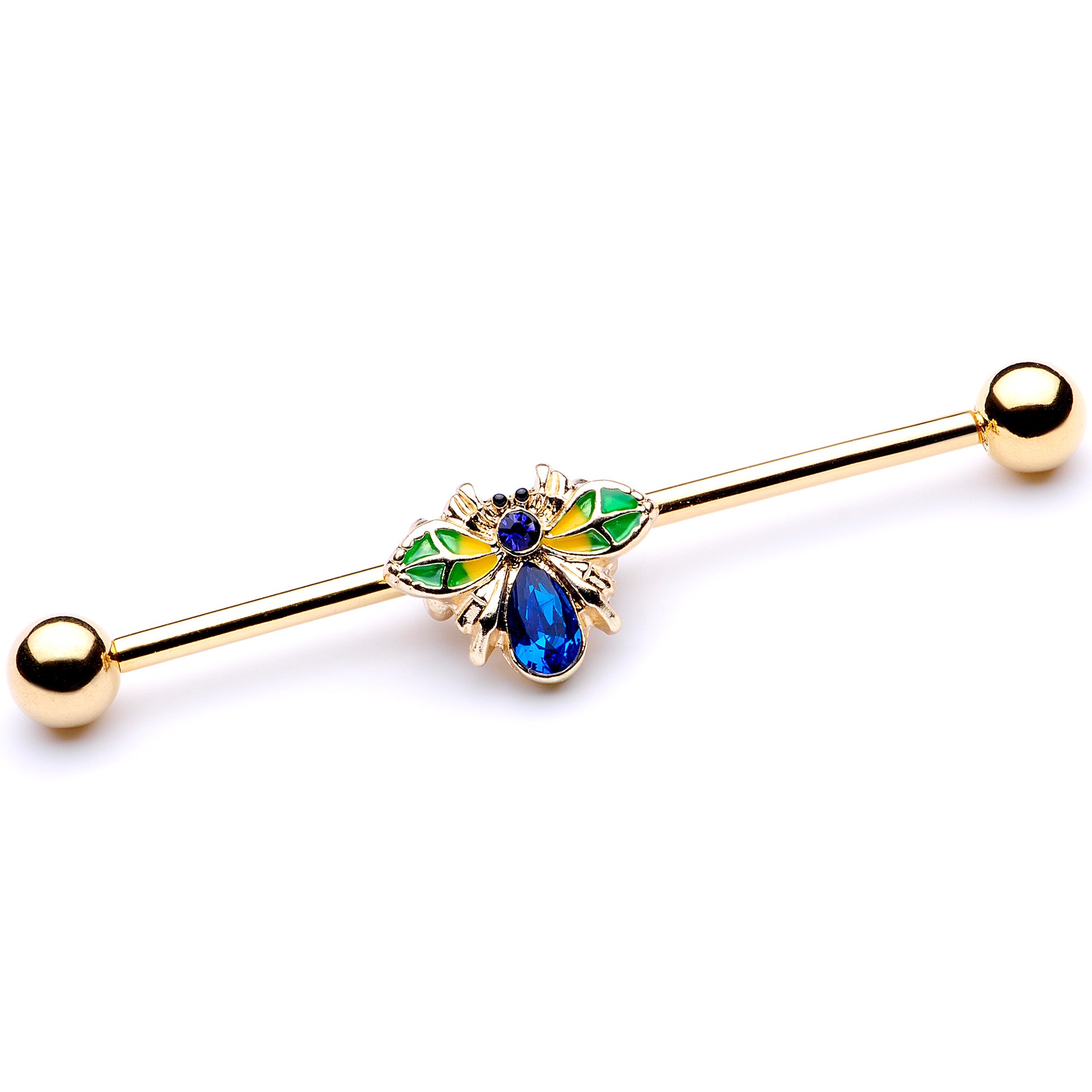 14 Gauge Blue Gem Gold Tone Colorful Bee Industrial Barbell 38mm