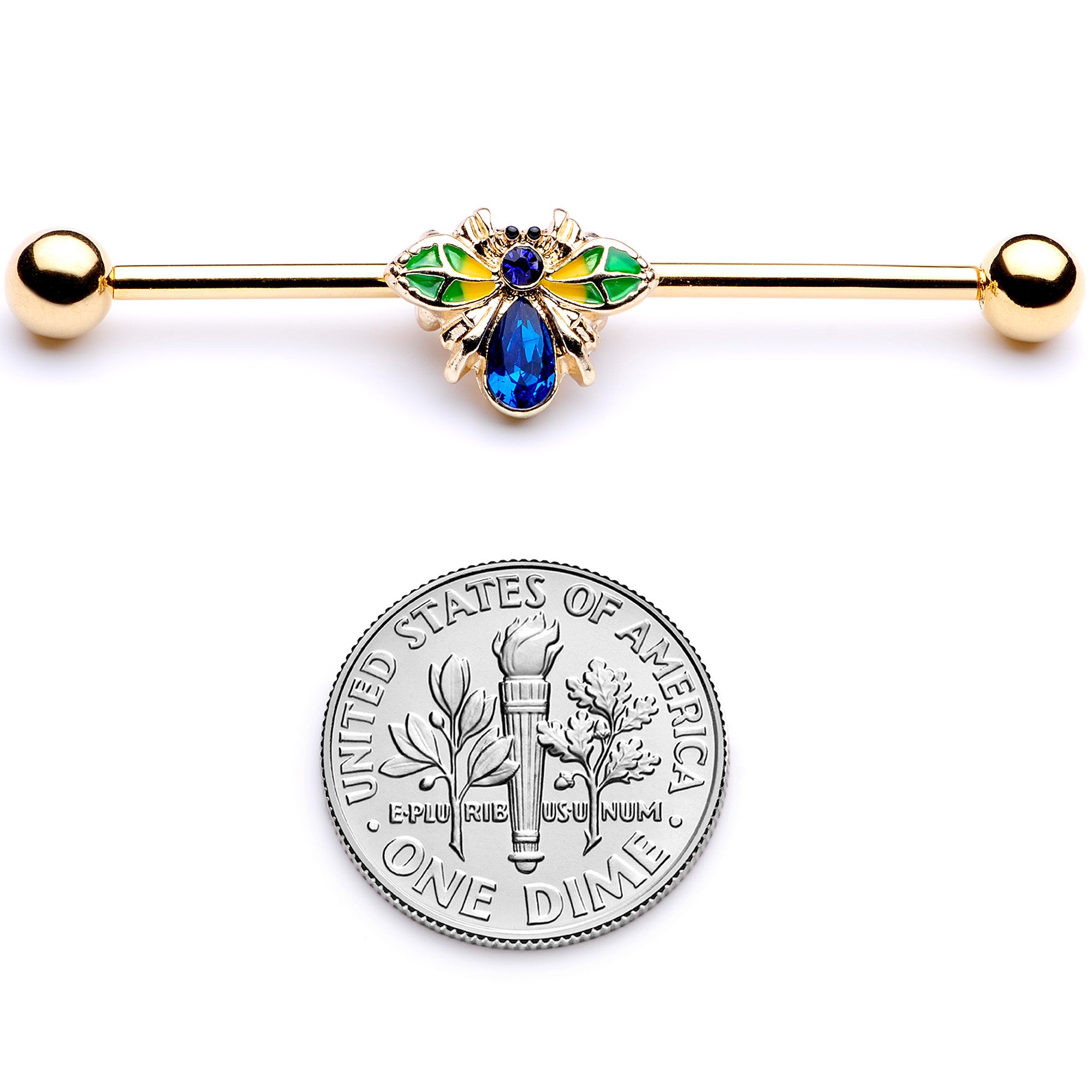 14 Gauge Blue Gem Gold Tone Colorful Bee Industrial Barbell 38mm