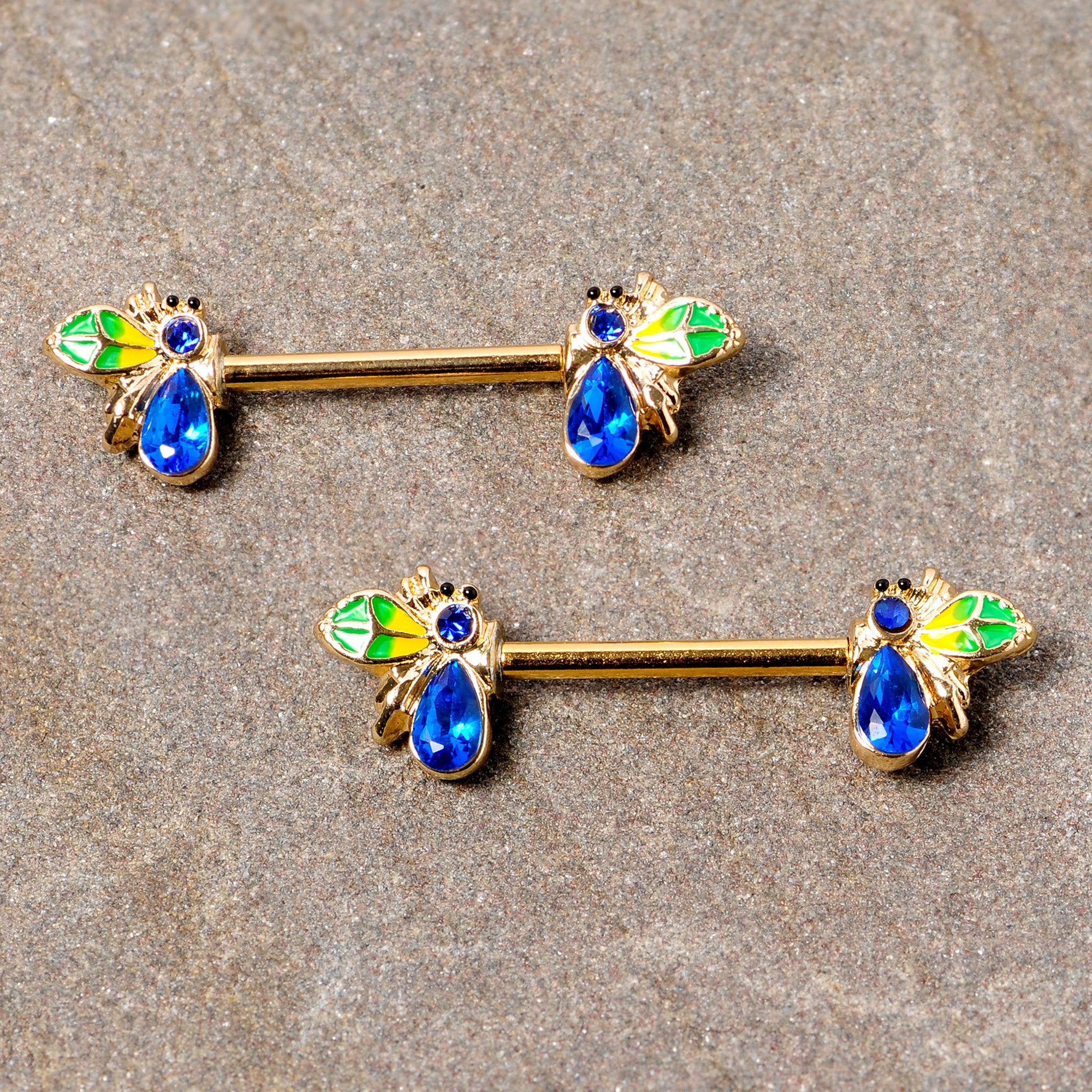 14 Gauge 9/16 Blue Gem Gold Tone Colorful Bee Barbell Nipple Ring Set