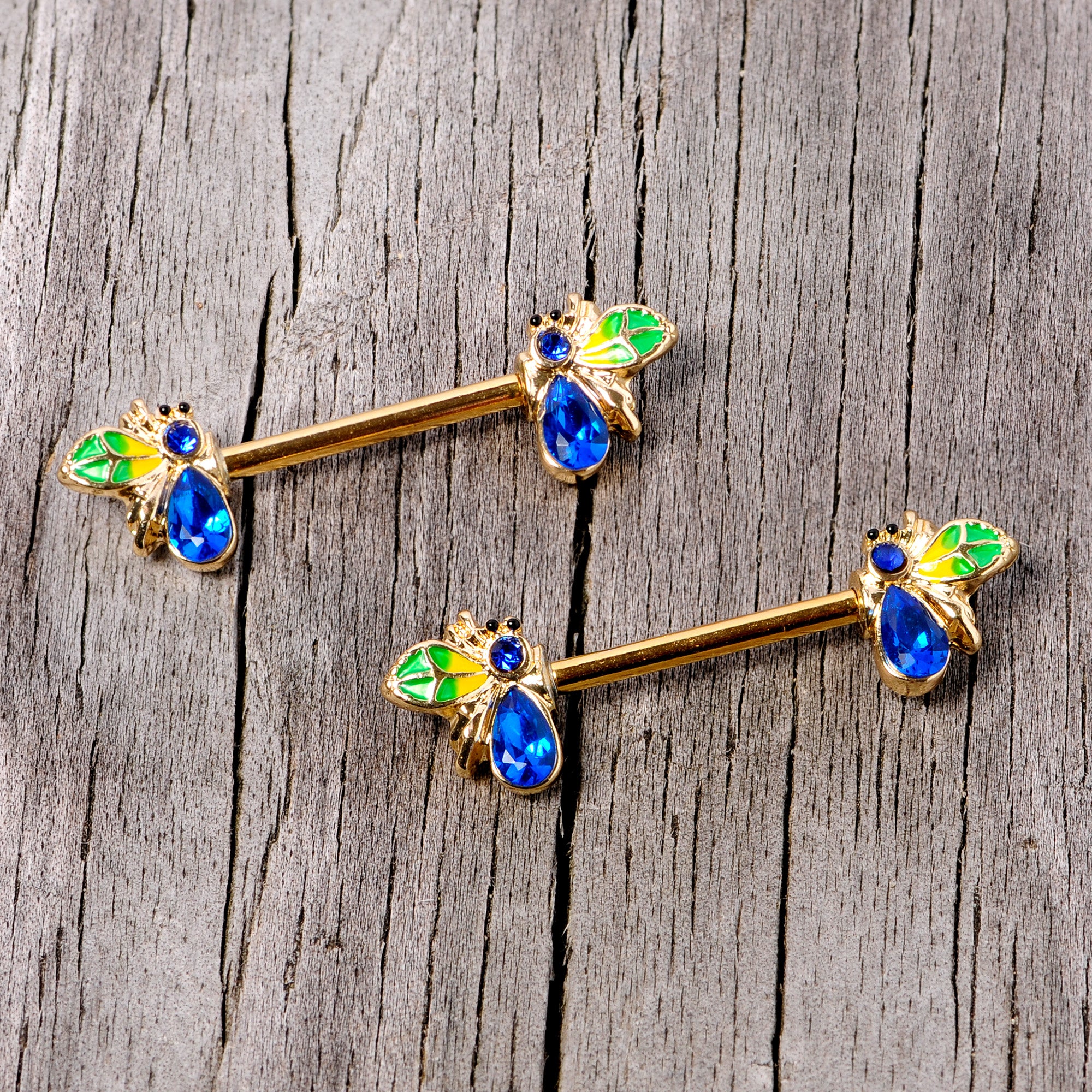 14 Gauge 9/16 Blue Gem Gold Tone Colorful Bee Barbell Nipple Ring Set